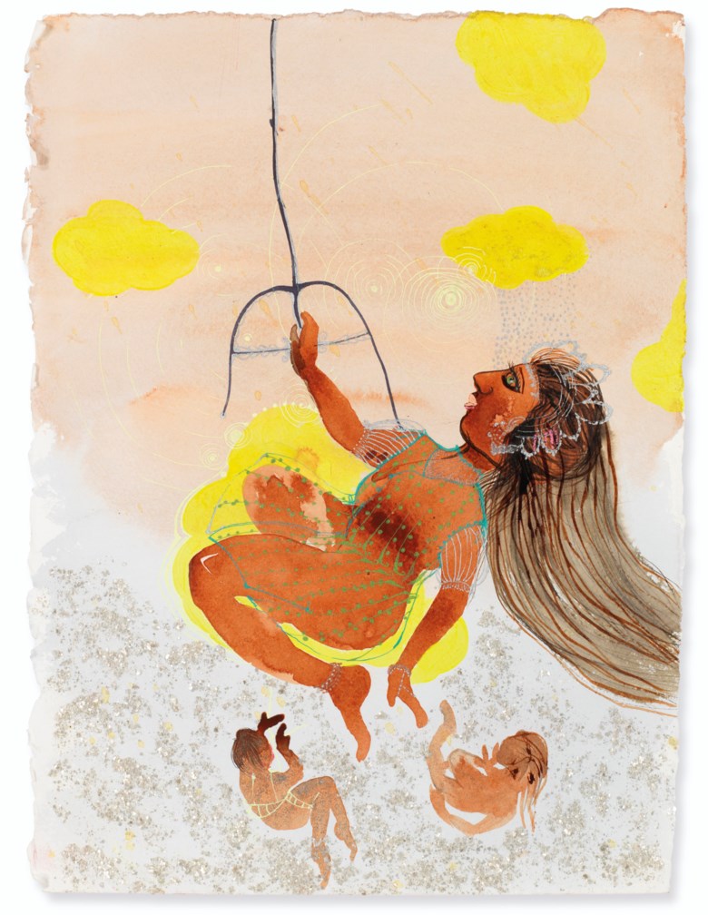 Rina Banerjee (b. 1963), Swing swing she was her Swamy’s sunshine while moo specks, flakes and frost flirted with her shape. The others not those who had fallen out of grace because of unfortunate race missed her but stayed though out of her way, executed in 2011. Acrylic, ink, and mica flakes on paper. 15 x 11  in (38.1 x 27.9  cm). Estimate $6,000-8,000. Offered in South Asian Modern +