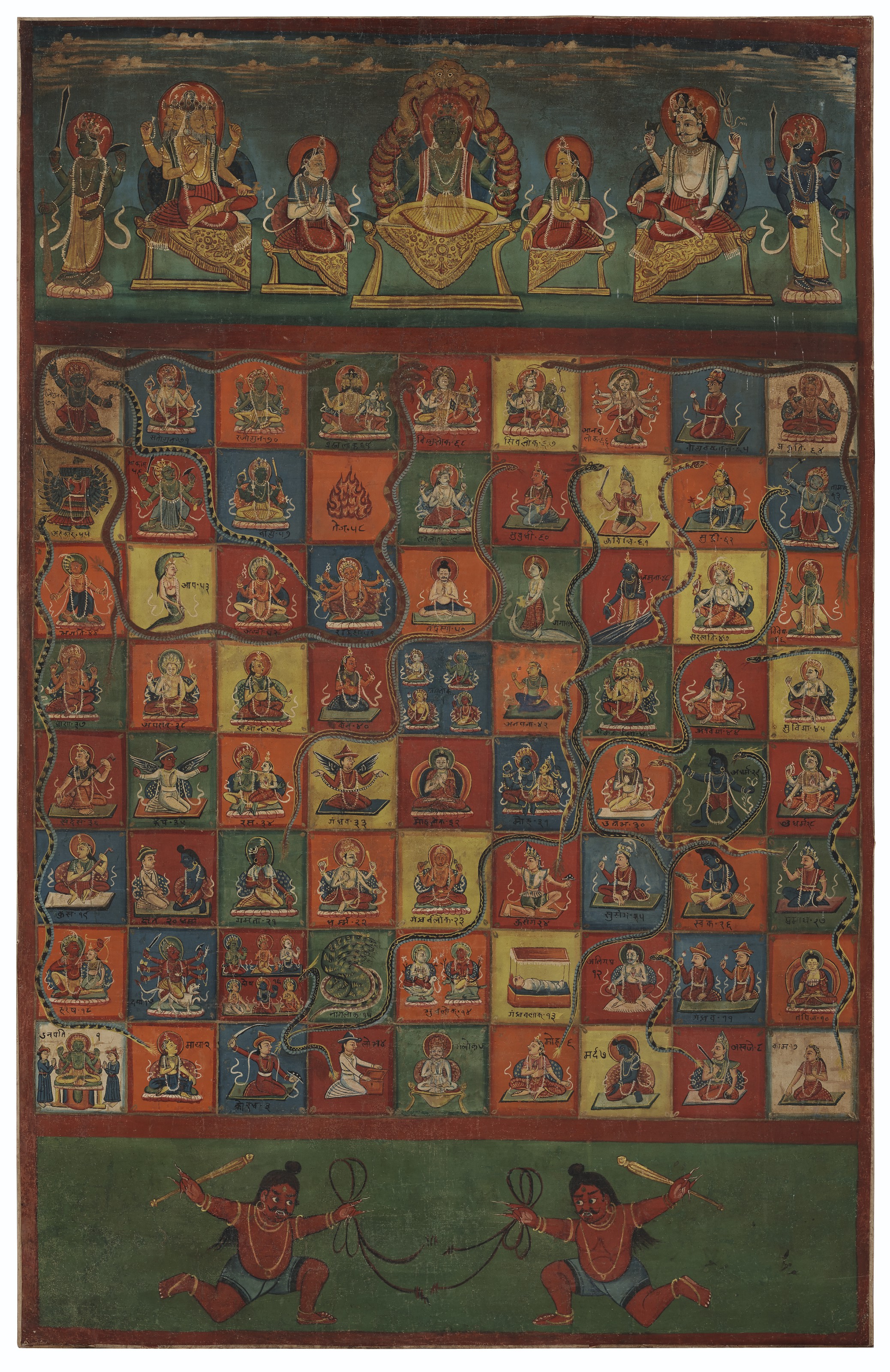 A Painting Of Snakes And Ladders The game was played with cowrie shells and dices. a painting of snakes and ladders