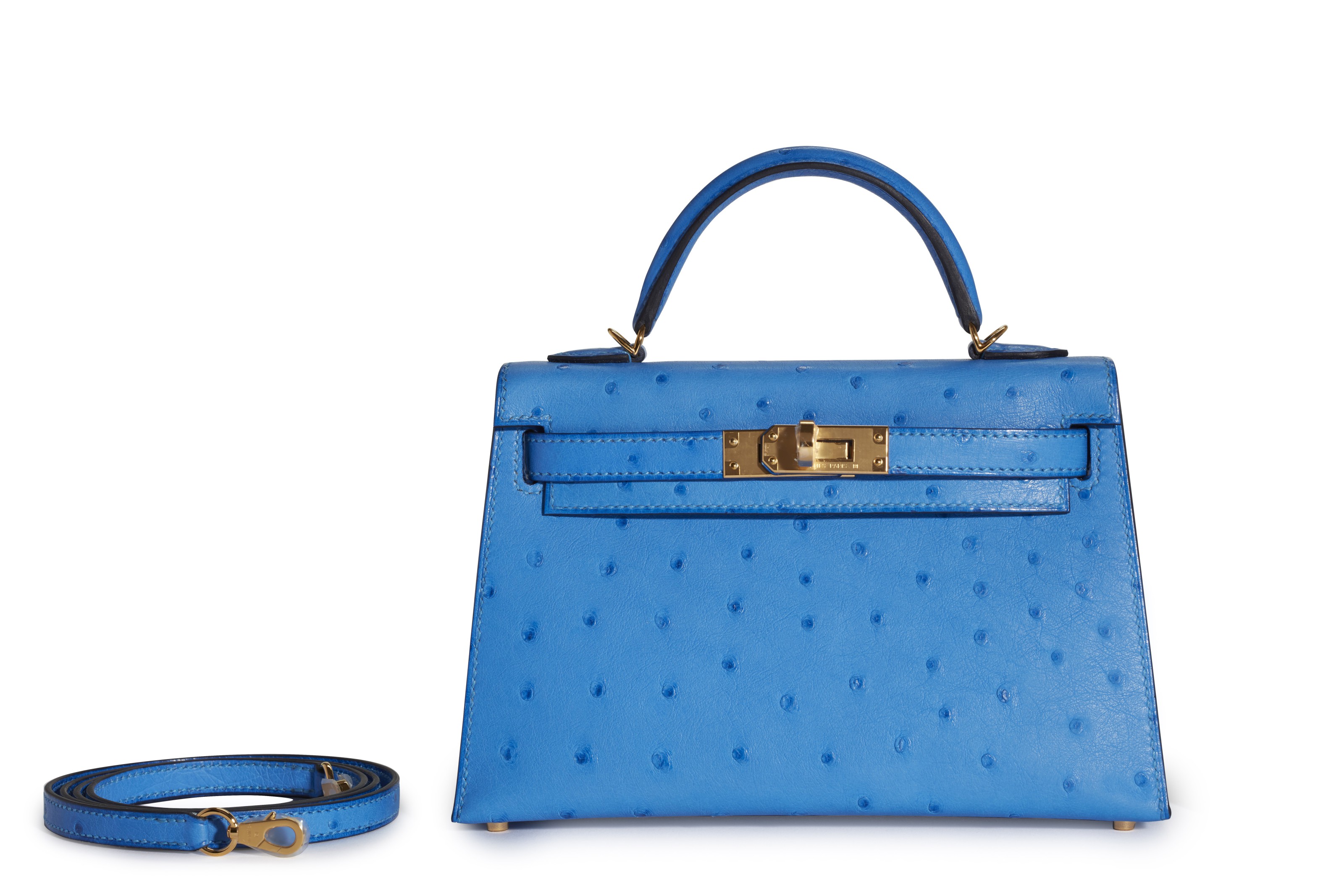 A BLEUET OSTRICH MINI KELLY 20 II WITH GOLD HARDWARE HERM S 2019