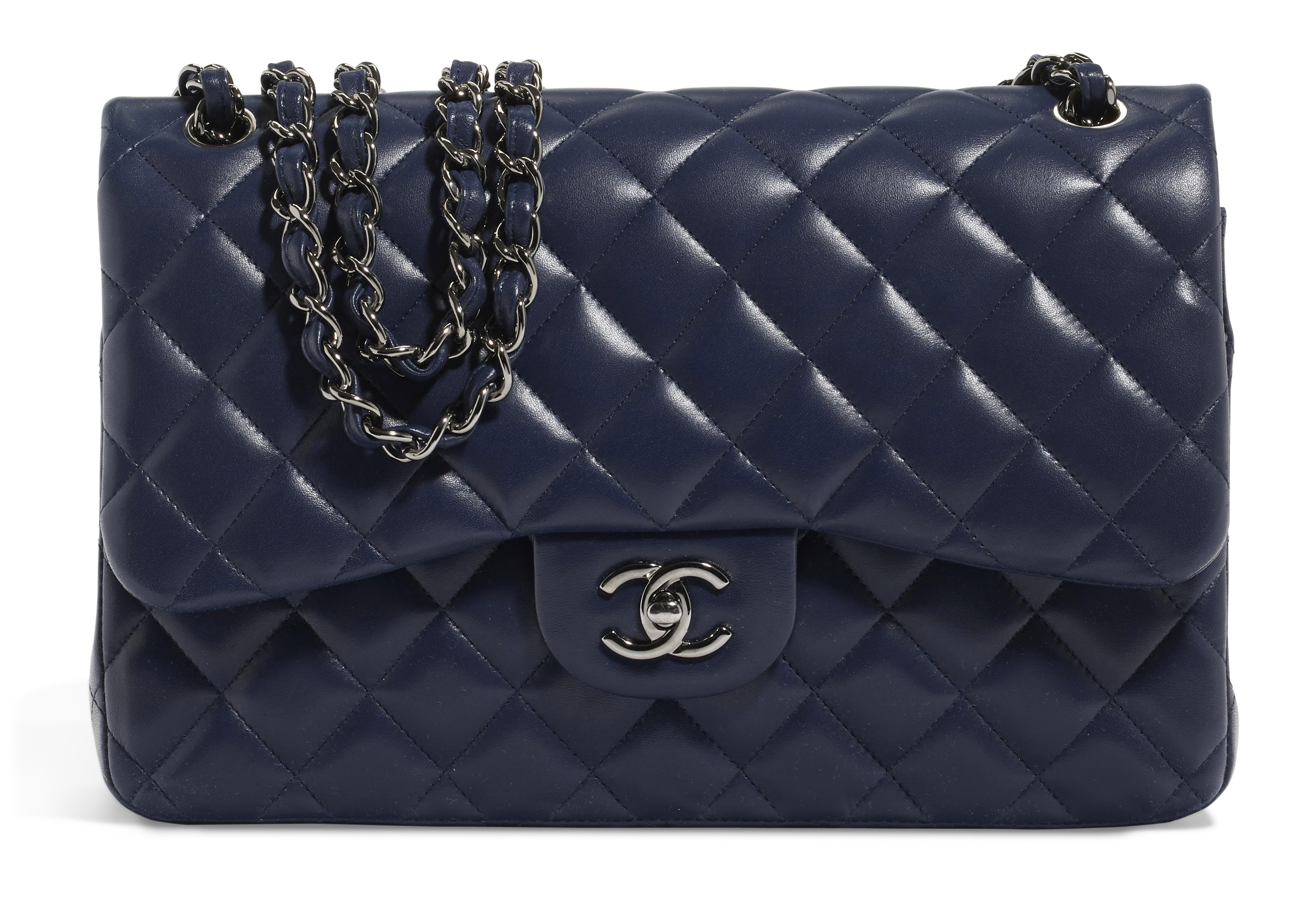 A NAVY LAMBSKIN LEATHER JUMBO DOUBLE FLAP BAG WITH SILVER HARDWARE