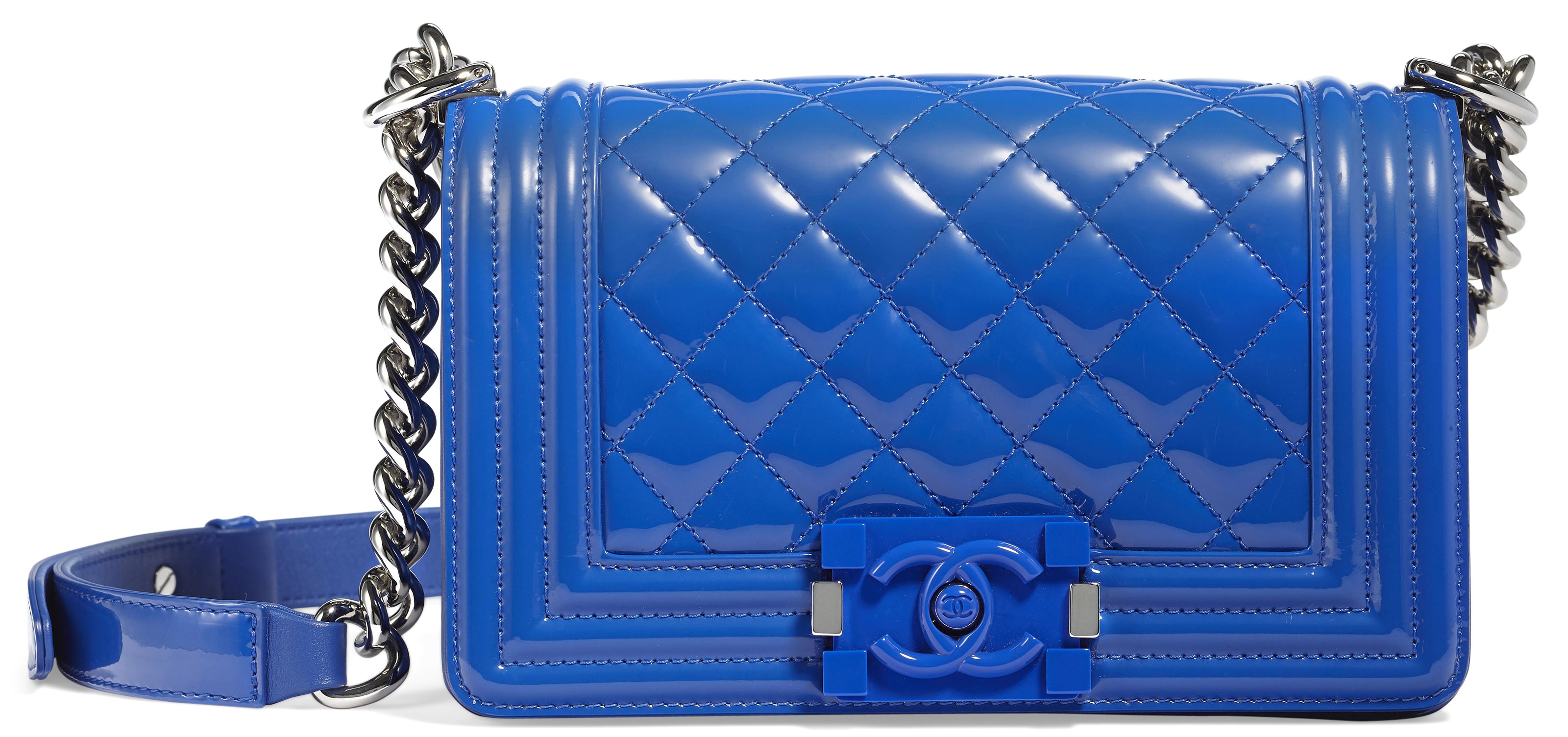 A BRIGHT BLUE PATENT LEATHER SMALL BOY BAG WITH SILVER HARDWARE, CHANEL ...