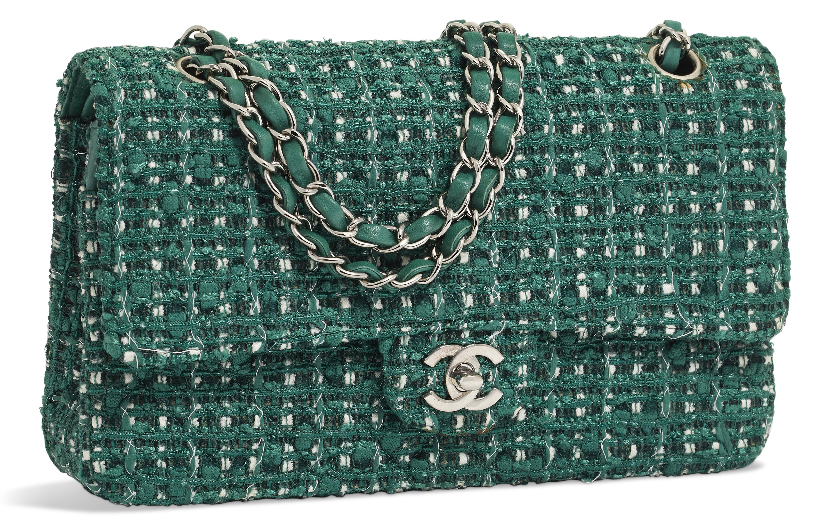 A GREEN TWEED MEDIUM DOUBLE FLAP BAG WITH SILVER HARDWARE CHANEL