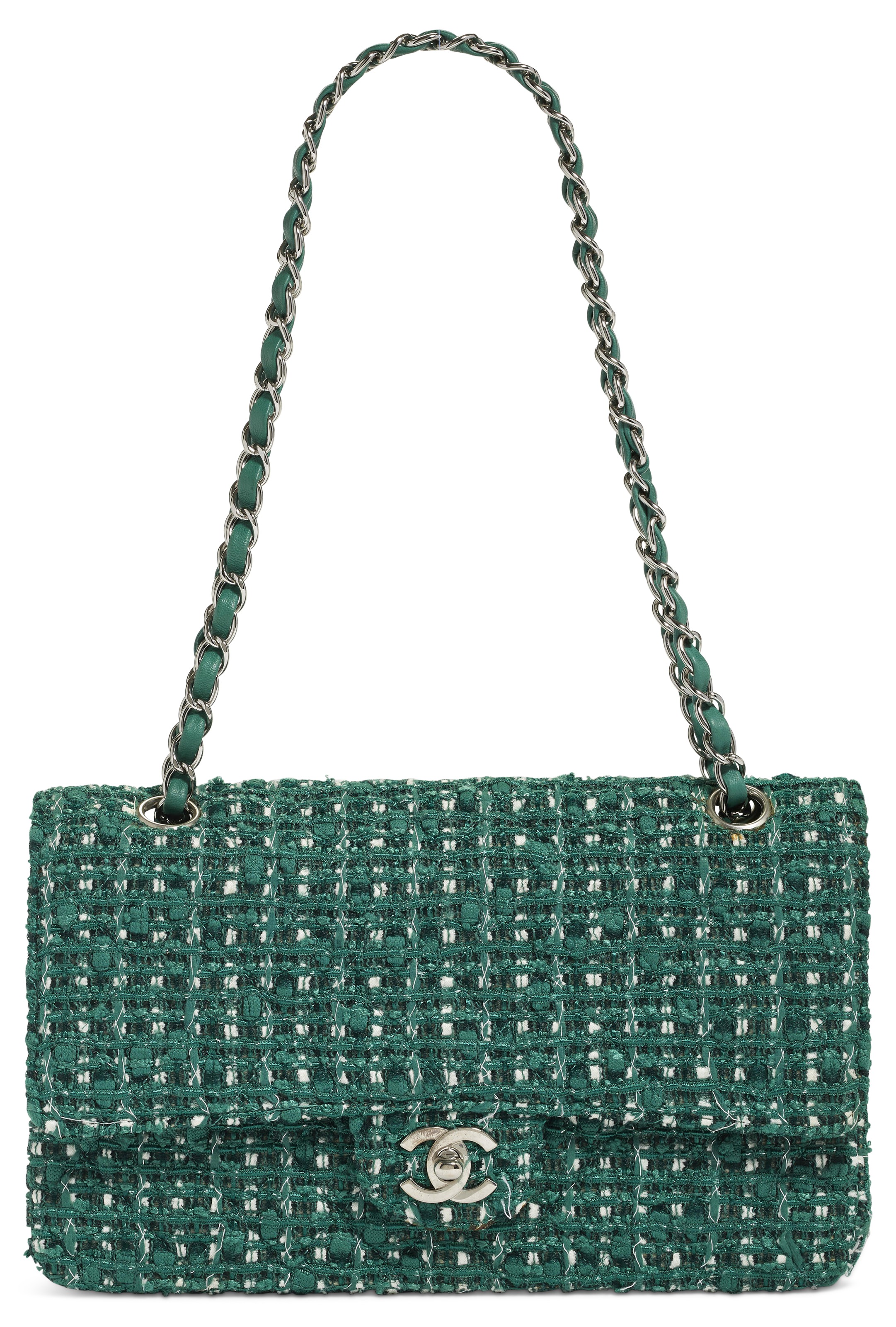 A GREEN TWEED MEDIUM DOUBLE FLAP BAG WITH SILVER HARDWARE CHANEL