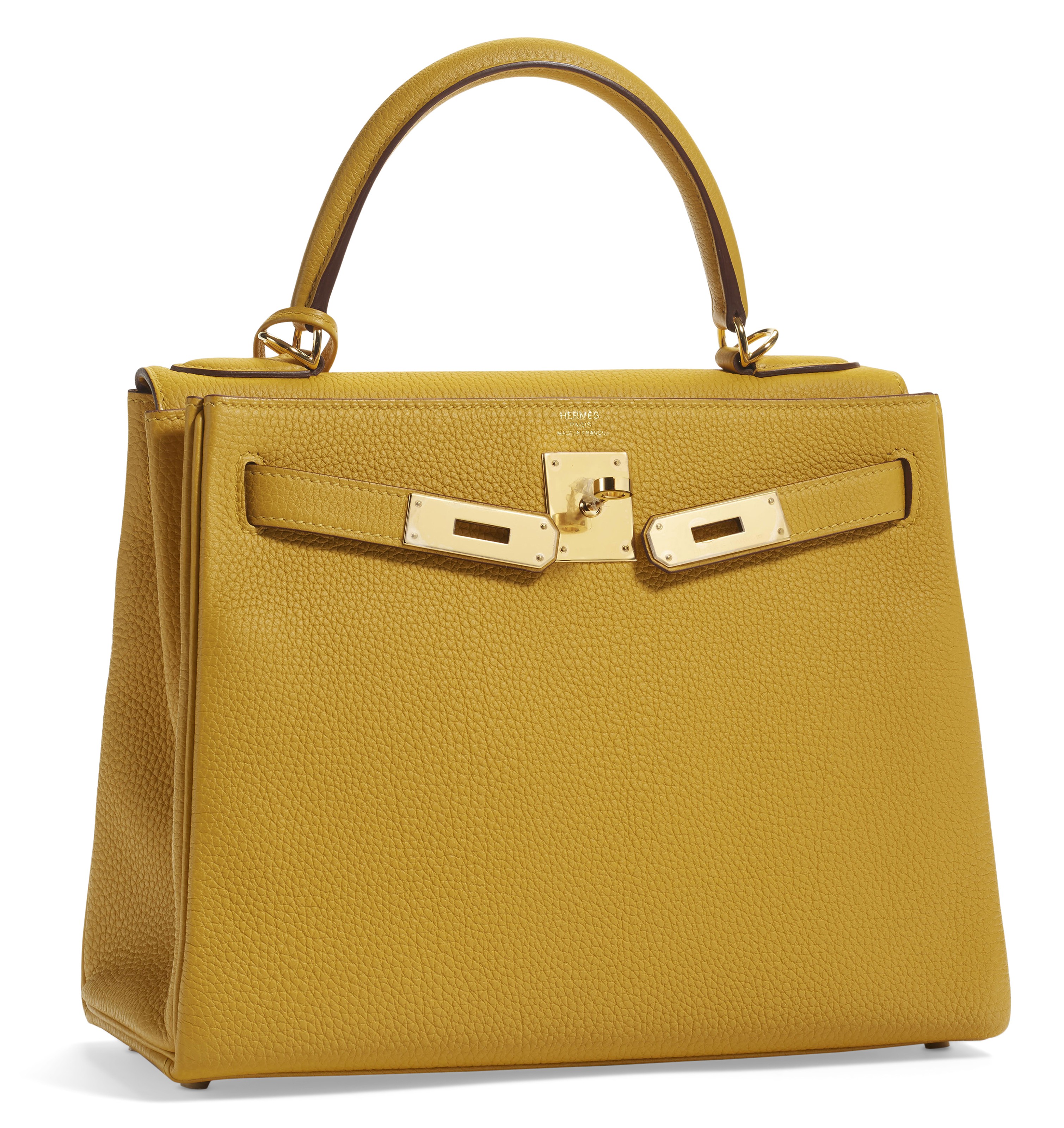 A JAUNE AMBRE CLÈMENCE LEATHER RETOURNÉ KELLY 28 WITH GOLD