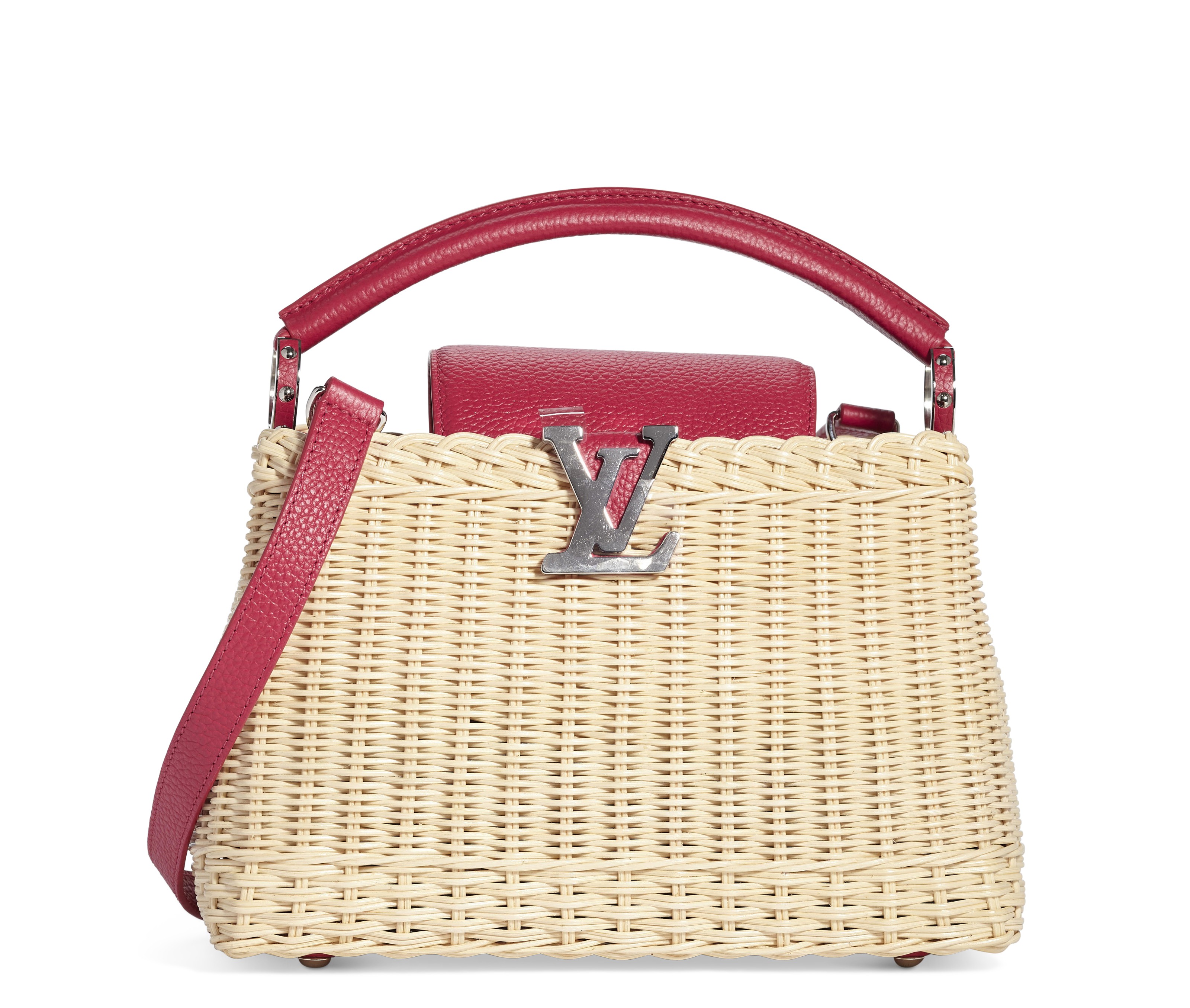 A WICKER AND PINK LEATHER CAPUCINES BAG WITH SILVER HARDWARE