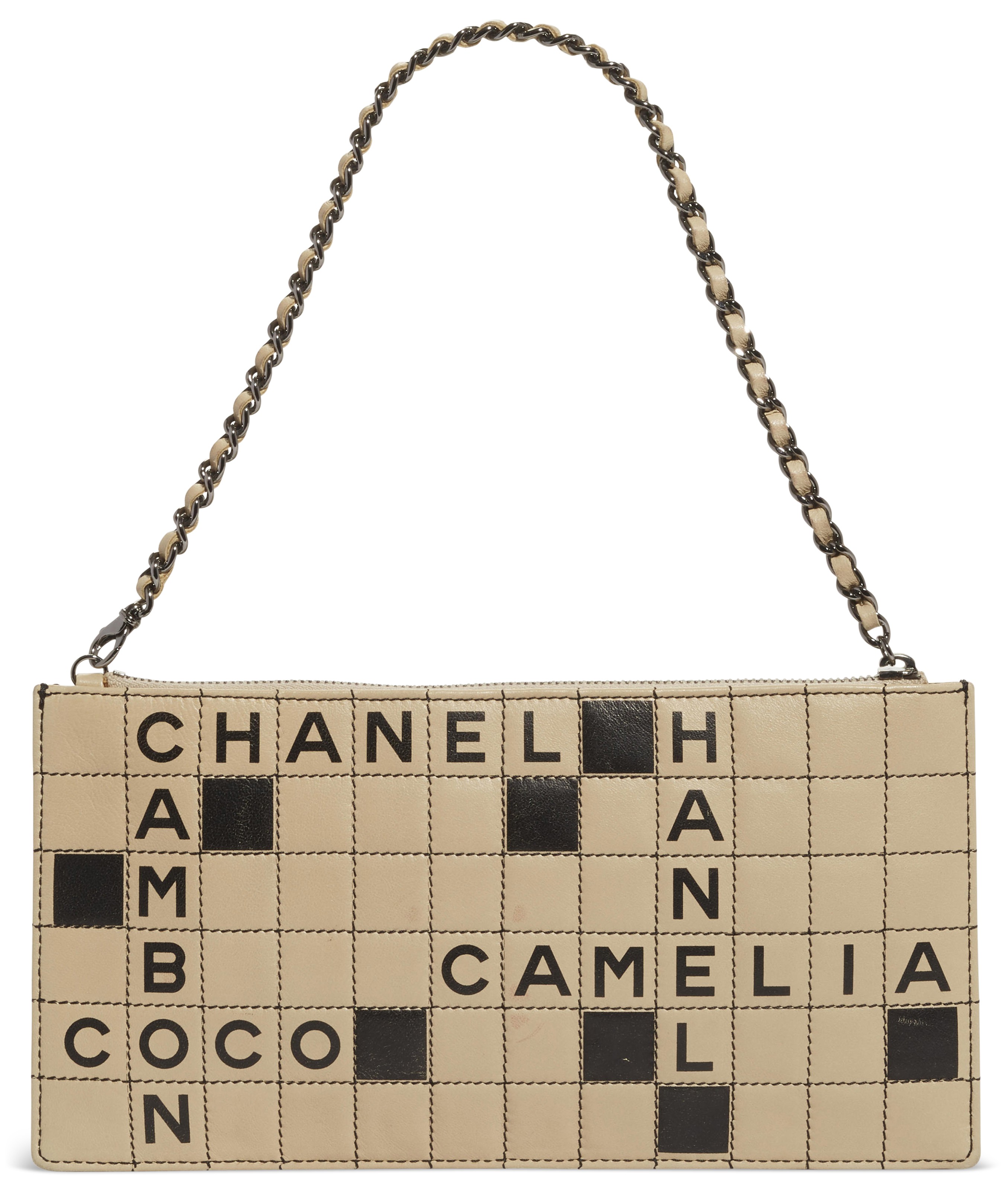 A BLACK TAN LAMBSKIN LEATHER CROSSWORD POCHETTE WITH SILVER HARDWARE