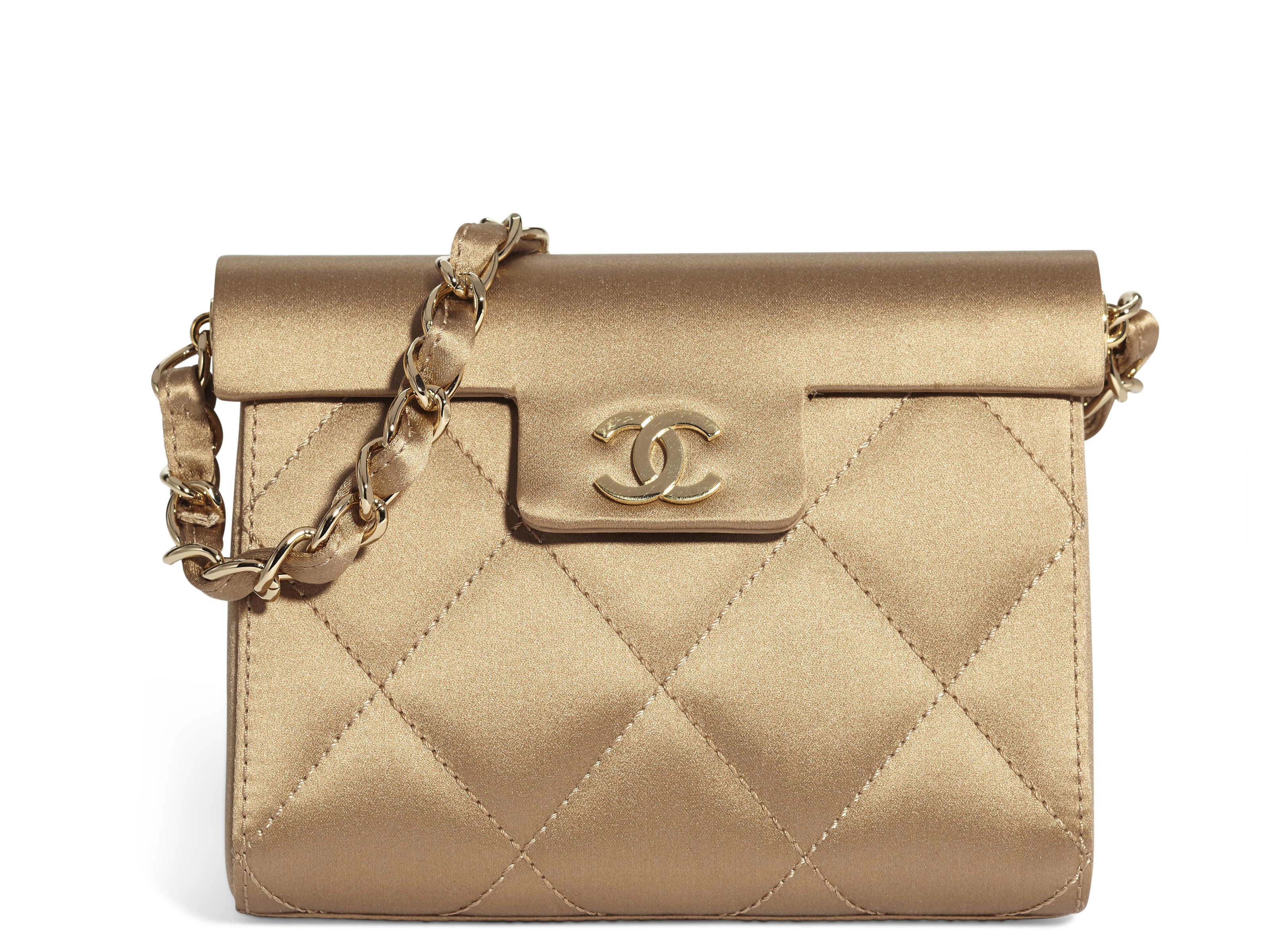 A TAN QUILTED SATIN EVENING BAG WITH GOLD HARDWARE CHANEL 2004 Christie s