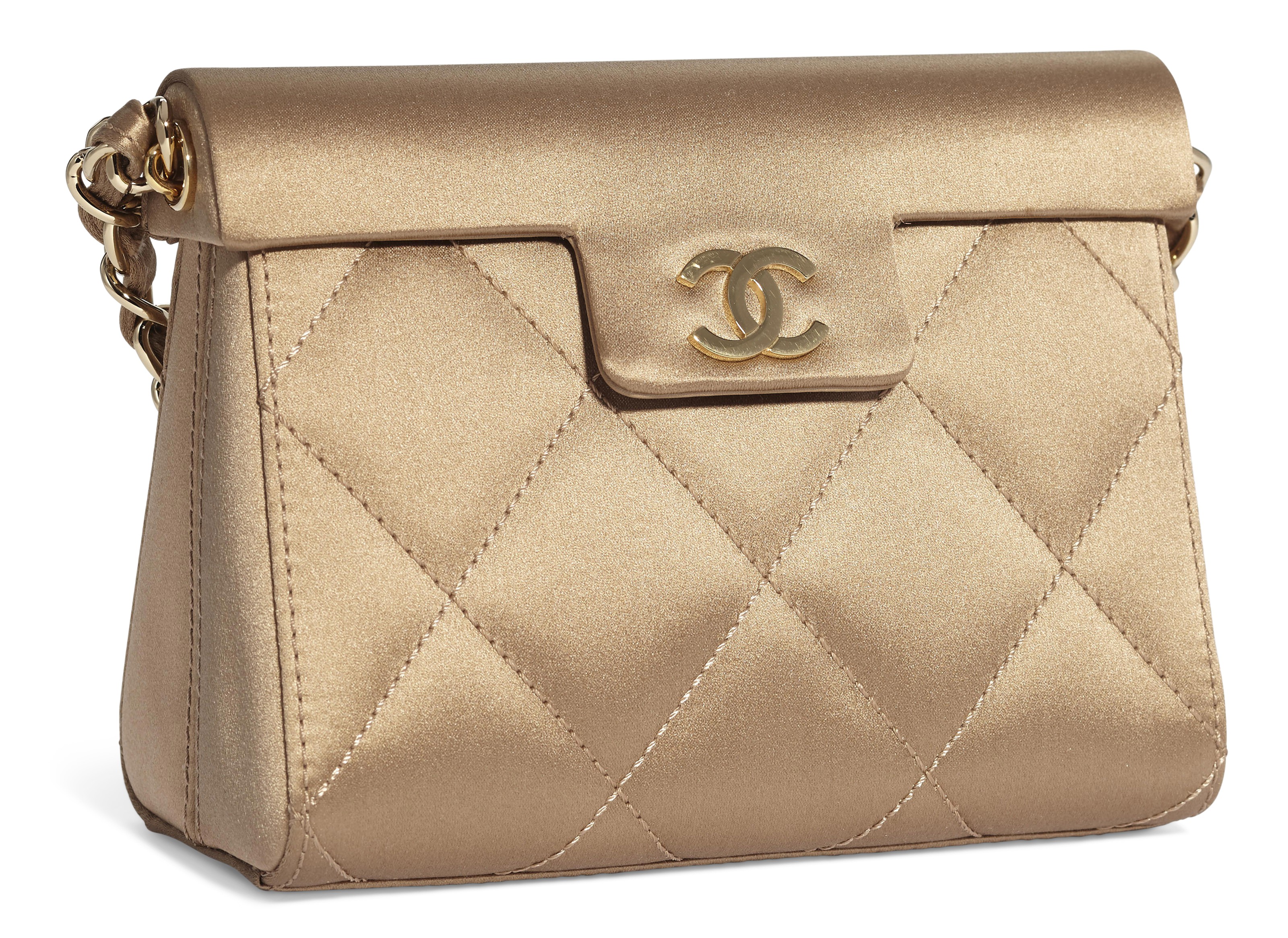 A TAN QUILTED SATIN EVENING BAG WITH GOLD HARDWARE, CHANEL, 2004
