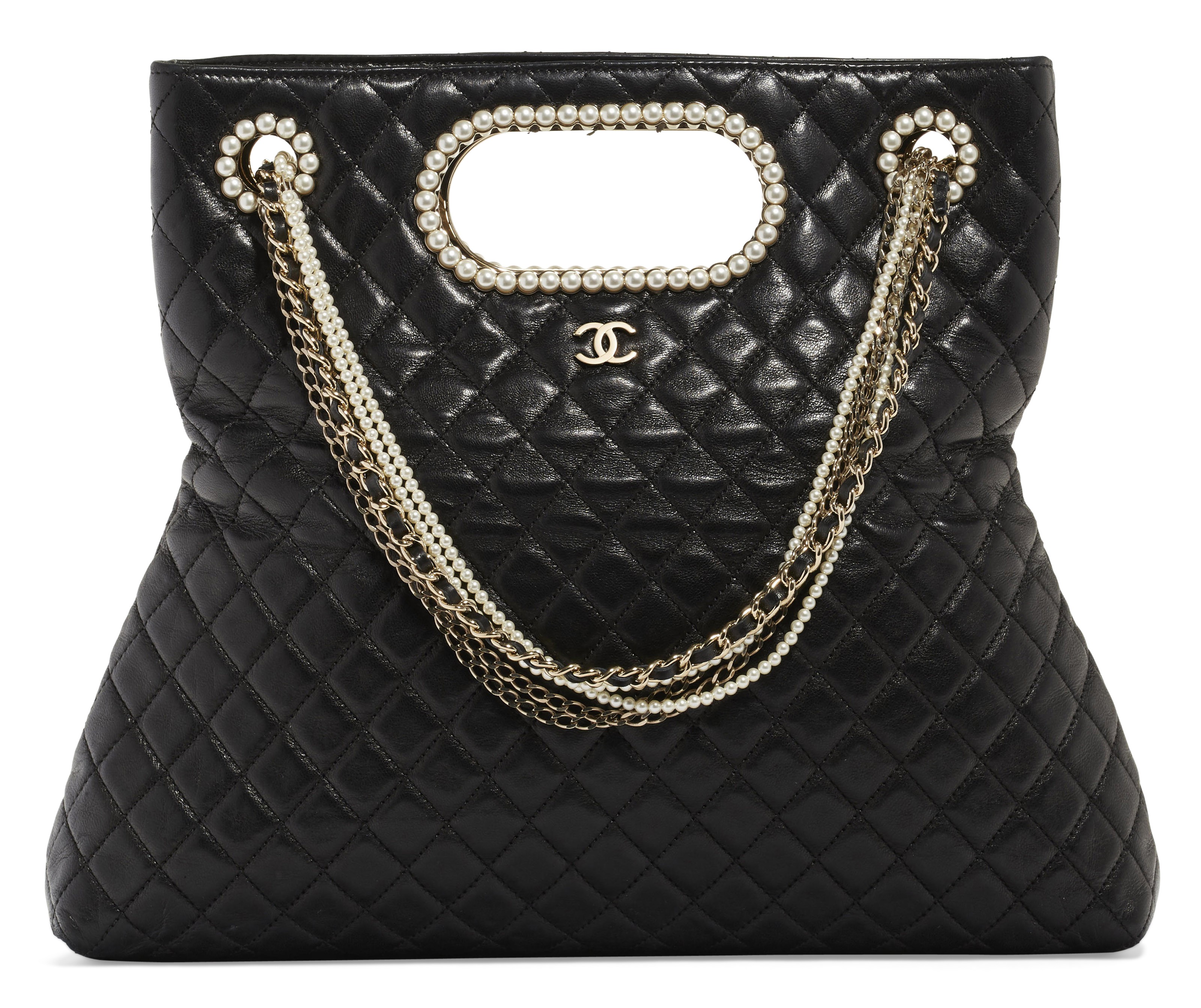 A BLACK LAMBSKIN LEATHER WESTMINSTER PEARLS CONVERTIBLE TOTE WITH