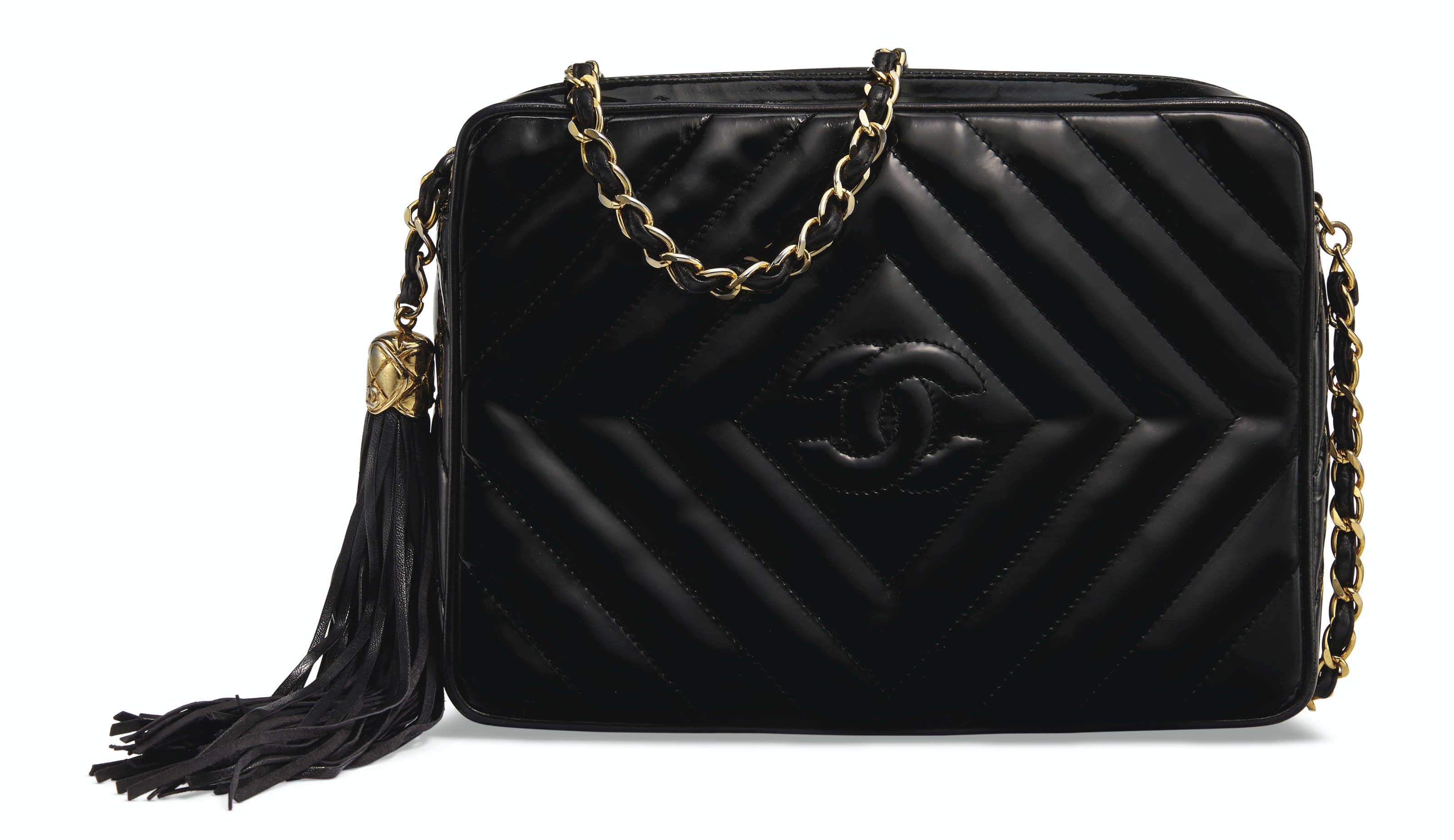 A PATENT LEATHER CHEVRON CAMERA BAG WITH GOLD HARDWARE, CHANEL, 1991