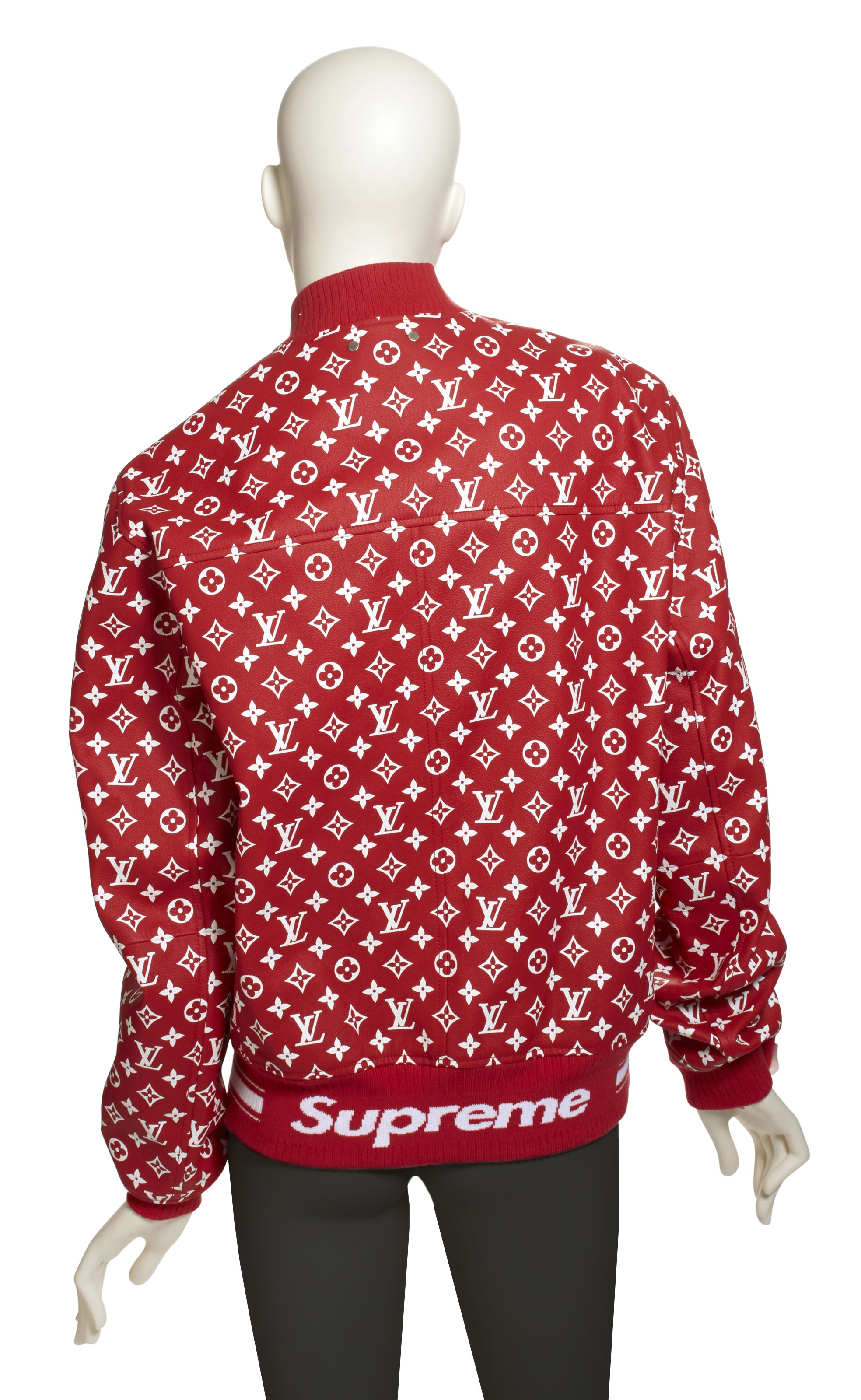 A RED WHITE LEATHER BOMBER JACKET BY SUPREME LOUIS VUITTON