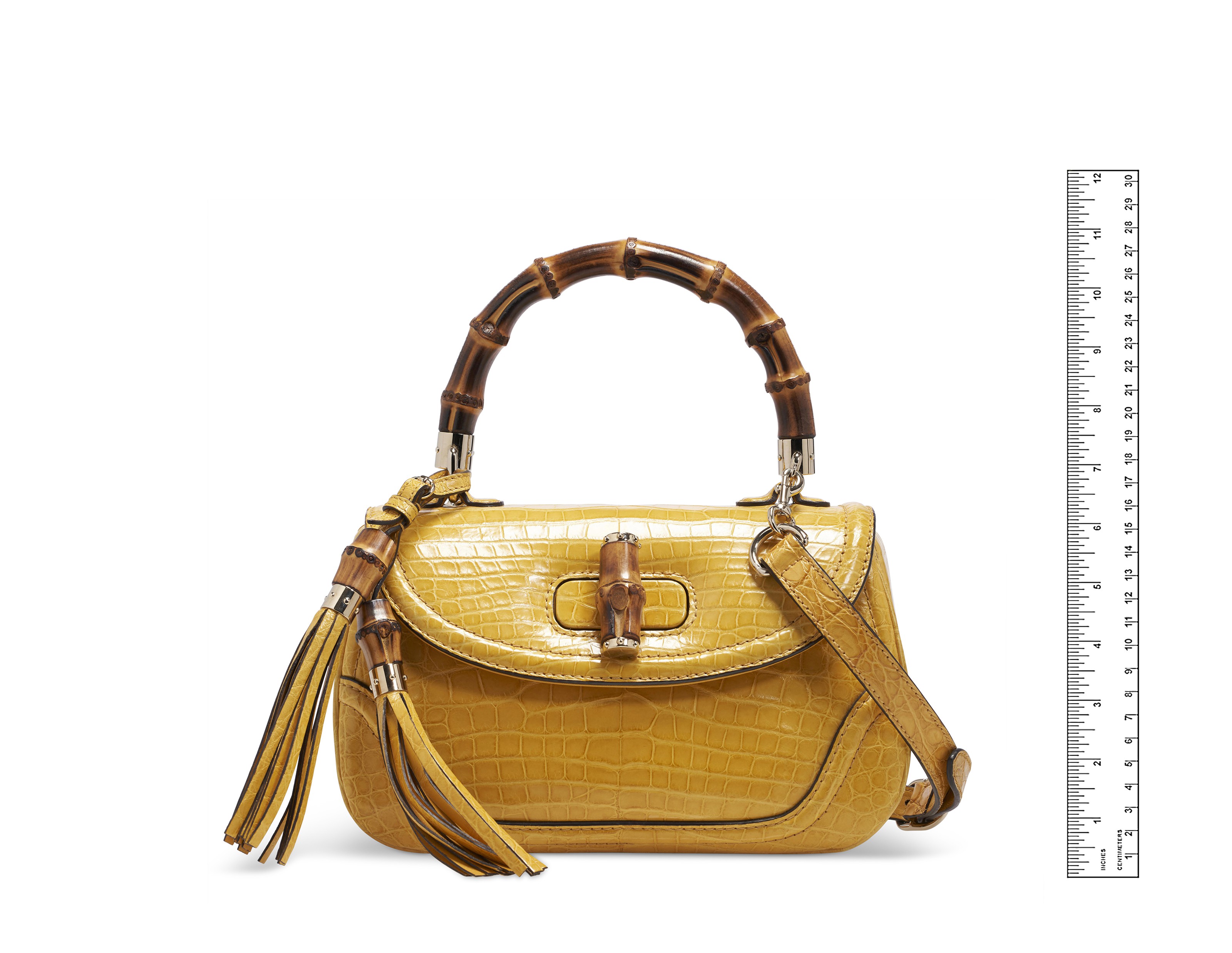 A YELLOW CROCODILE NEW BAMBOO SMALL TOP HANDLE BAG WITH GOLD