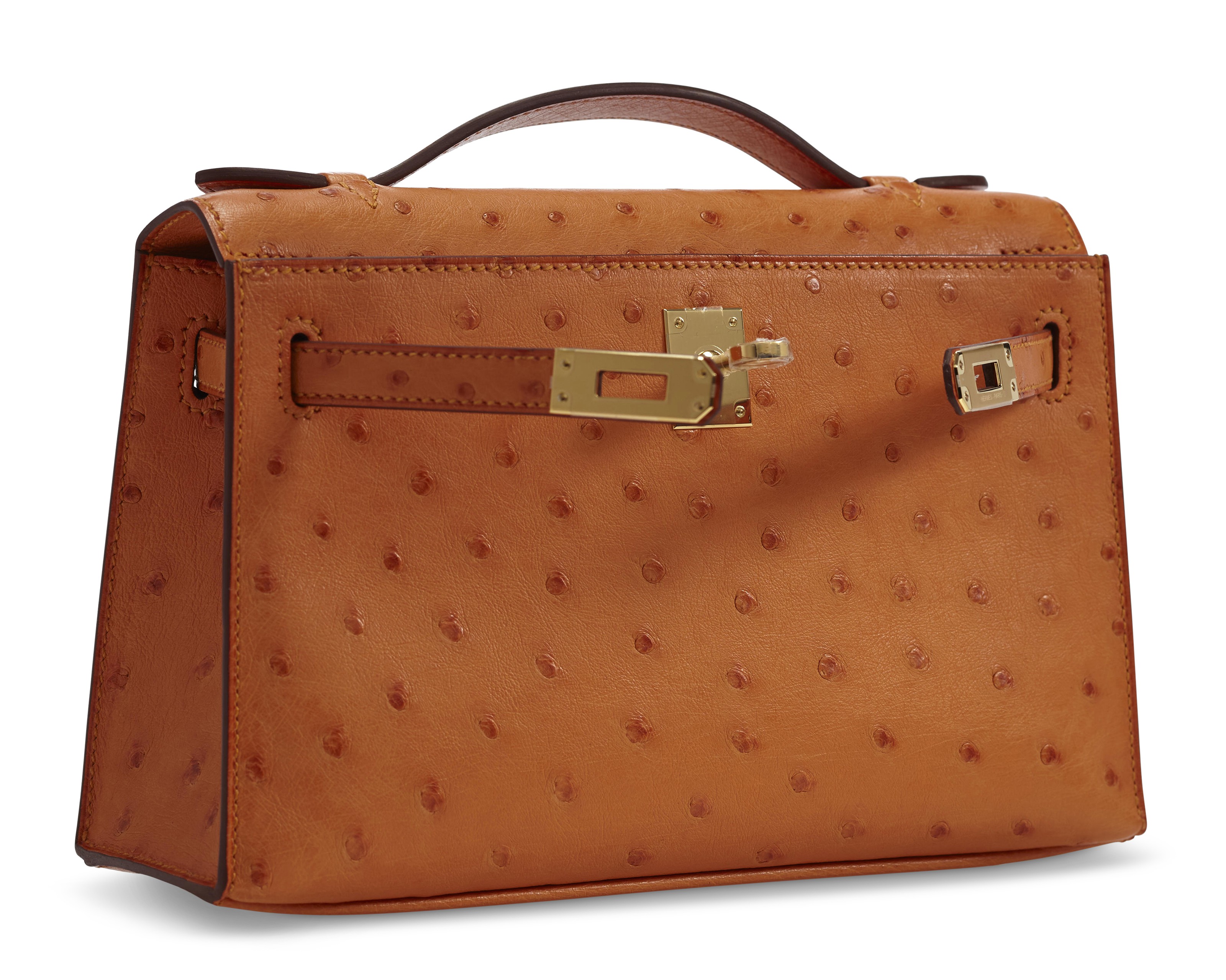 AN APRICOT OSTRICH KELLY POCHETTE WITH GOLD HARDWARE, HERMÈS, 2019