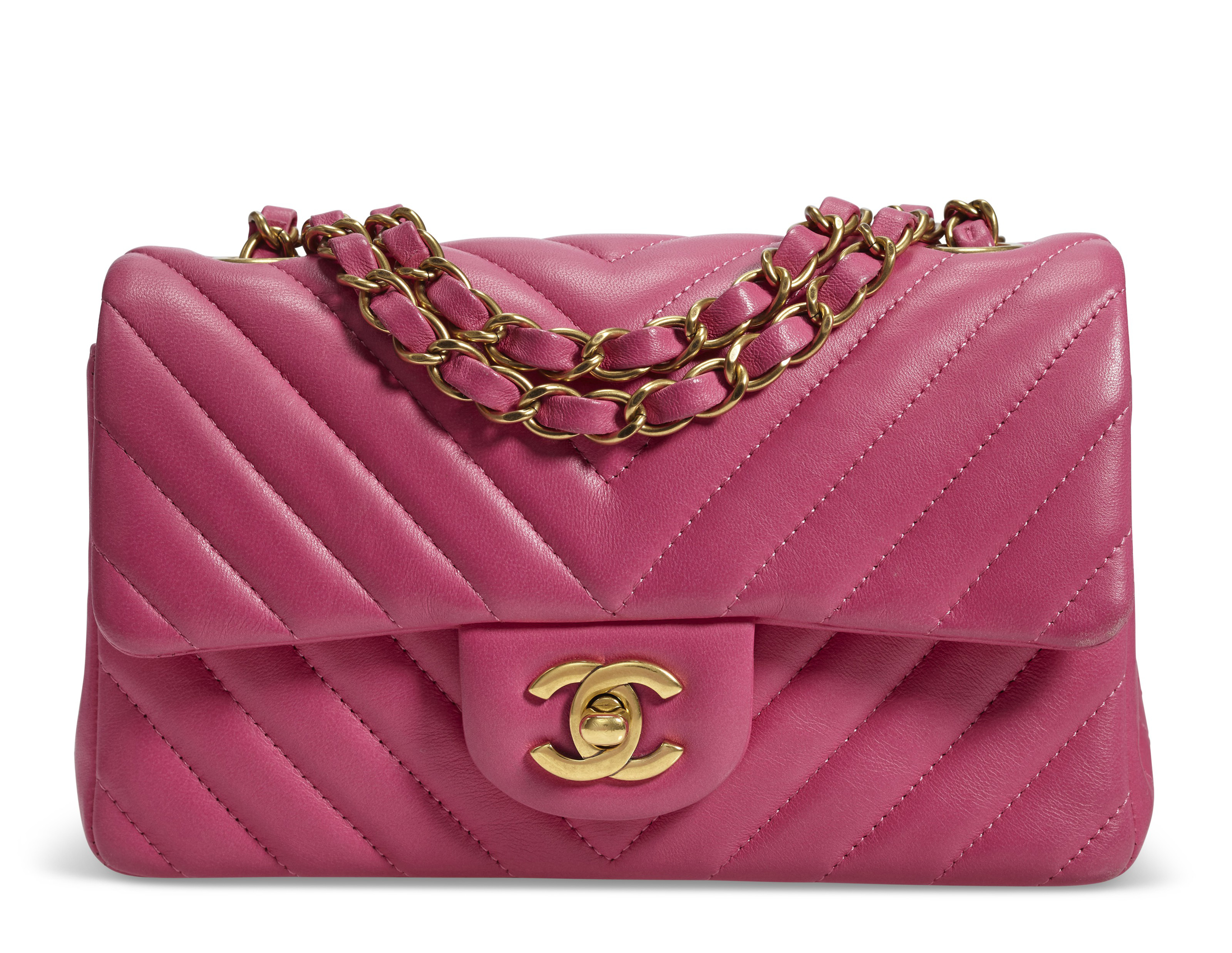 A PINK CHEVRON LAMBSKIN LEATHER NEW MINI FLAP BAG WITH GOLD HARDWARE, CHANEL,  2015-2016