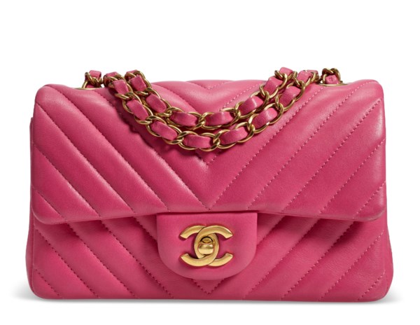 A PINK CHEVRON LAMBSKIN LEATHER NEW MINI FLAP BAG WITH GOLD