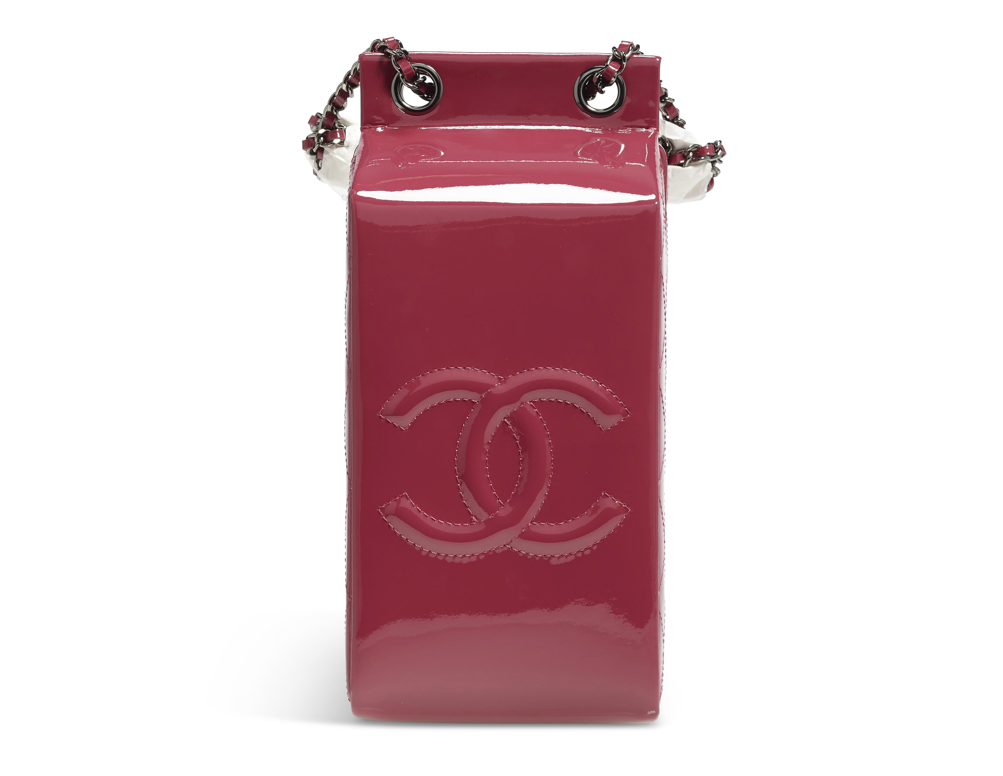 A LIMITED EDITION DARK PINK PATENT LEATHER MILK CARTON BAG CHANEL