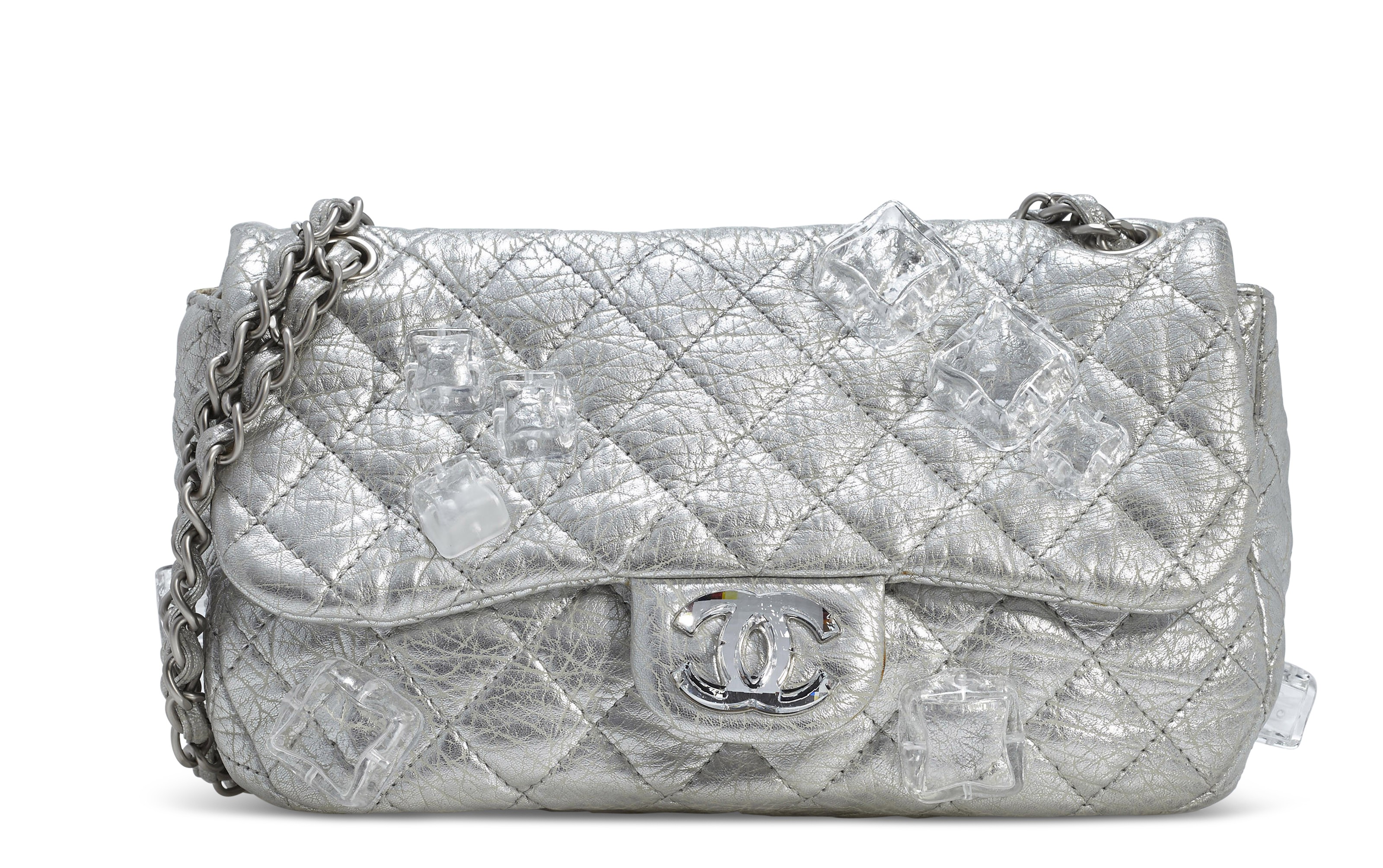 A LIMITED EDITION SILVER LAMBSKIN LEATHER JUMBO SINGLE FLAP BAG