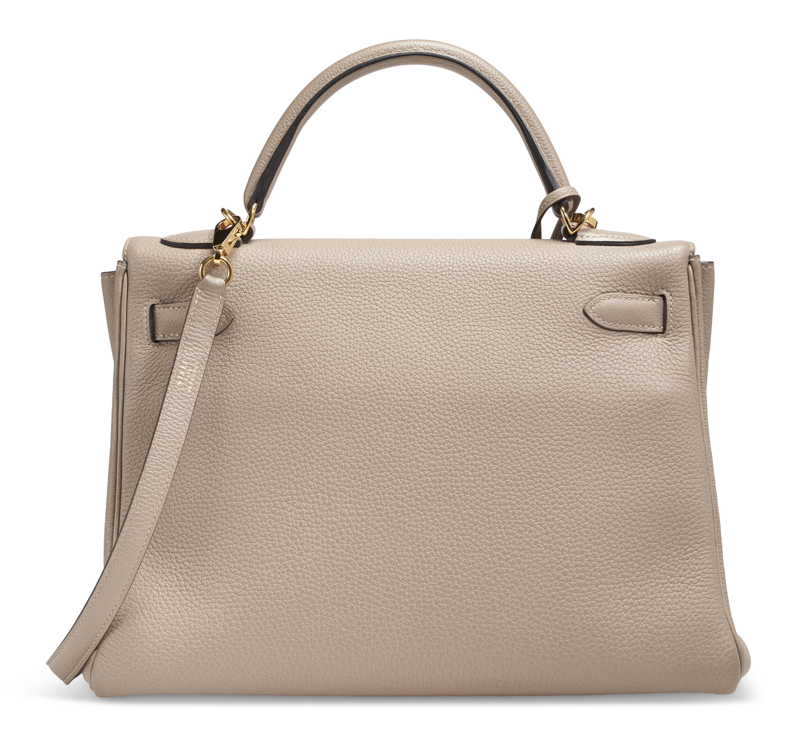 A GRIS TOURTERELLE CLÉMENCE LEATHER RETOURNÉ KELLY 32 WITH GOLD
