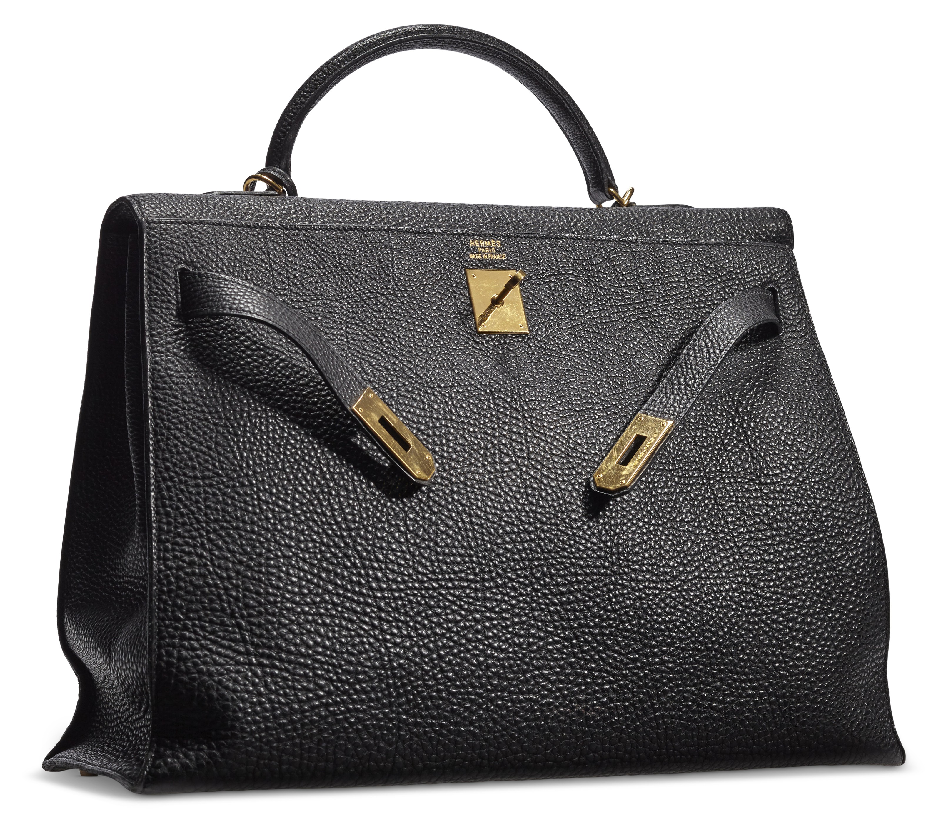 A BLACK FJORD LEATHER SELLIER MOU KELLY 40 WITH GOLD HARDWARE