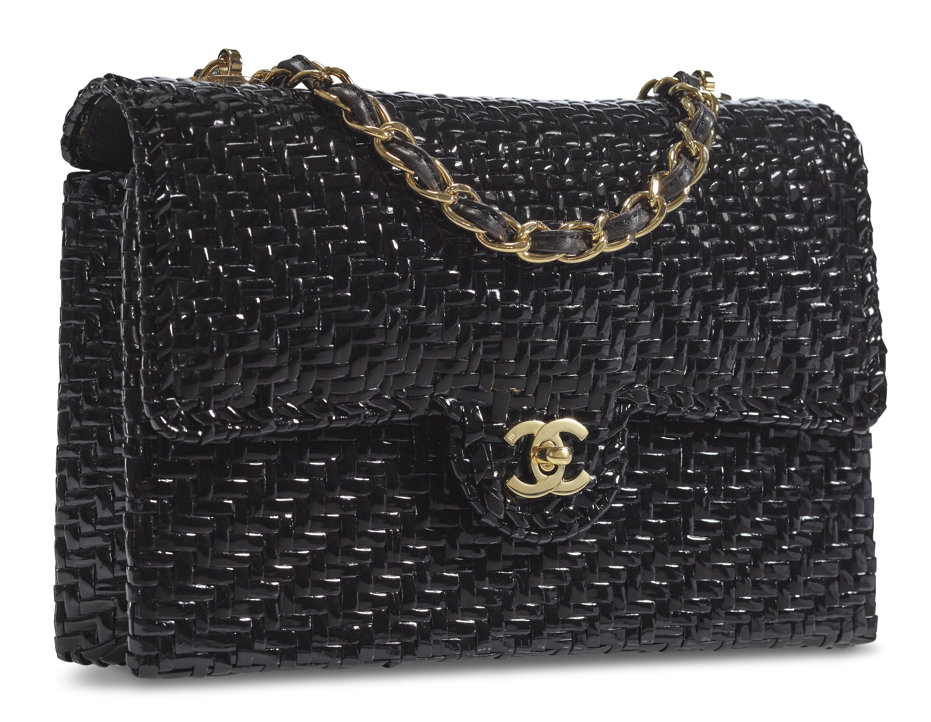 A BLACK LACQUERED WICKER FLAP BAG WITH GOLD HARDWARE CHANEL 2000