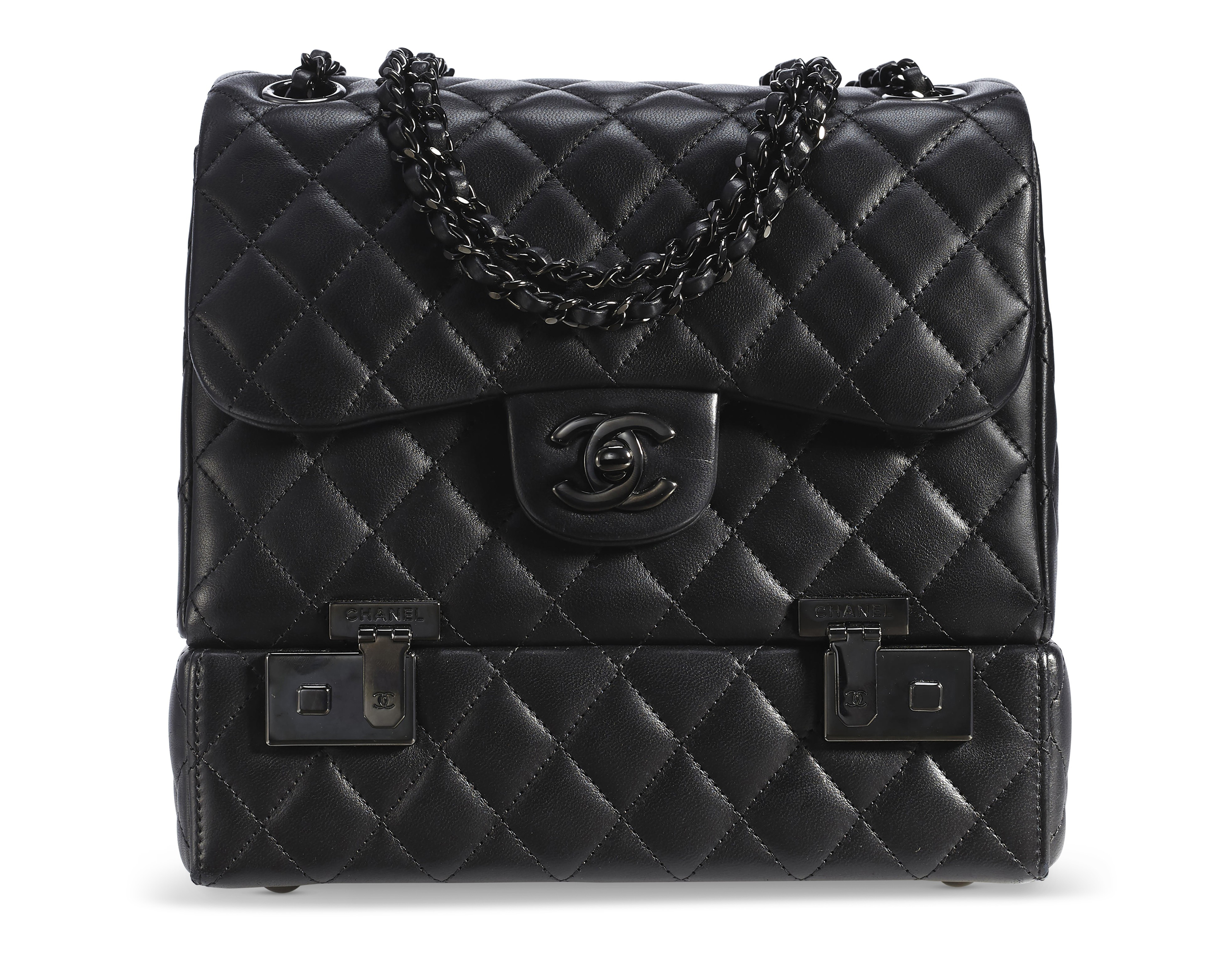 A BLACK LAMBSKIN LEATHER COMPARTMENT MEDIUM FLAP BAG WITH BLACK HARDWARE,  CHANEL, 2016