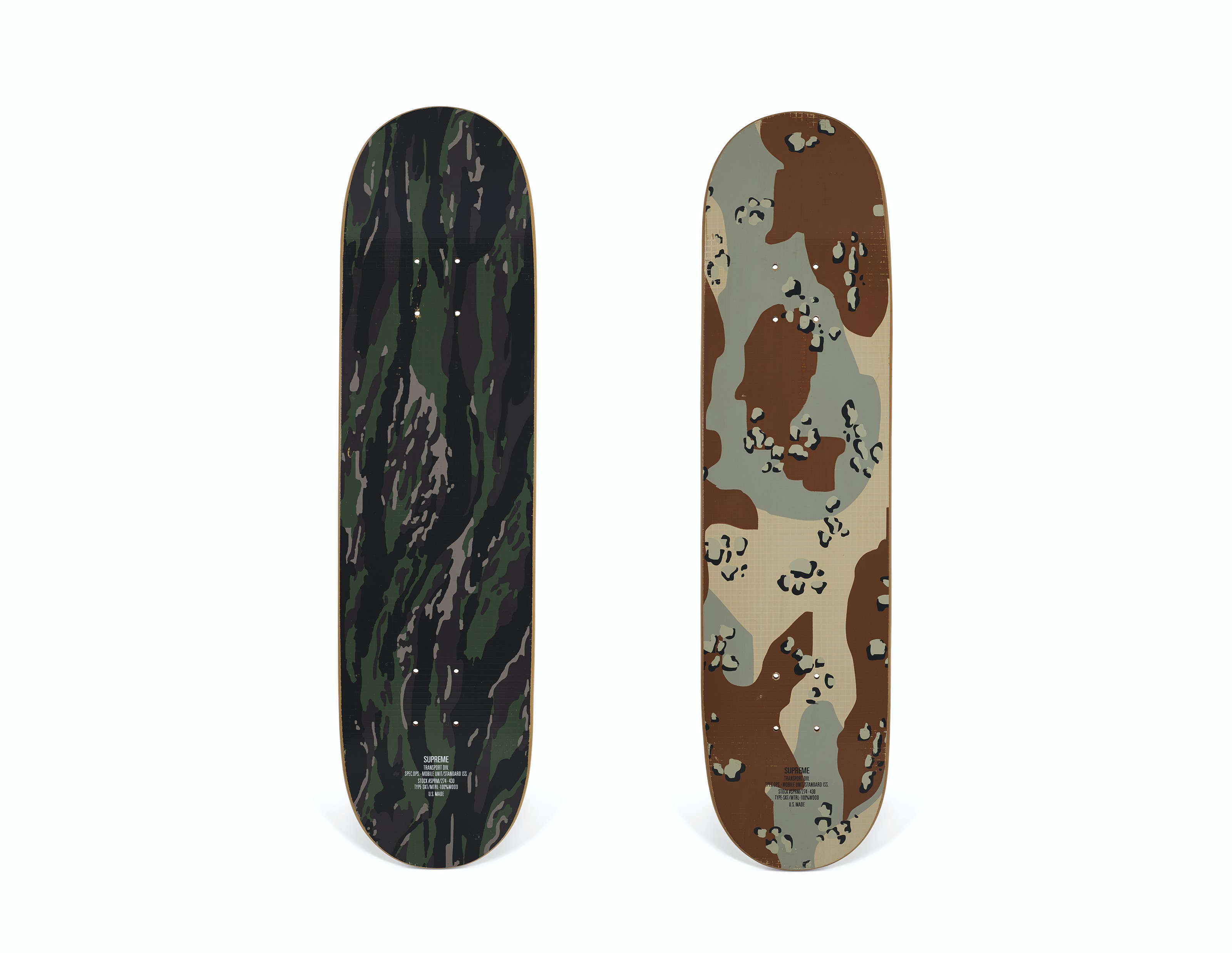 A SET OF TWO TIGER & DESERT CAMO SKATEBOARDS, SUPREME, 1998