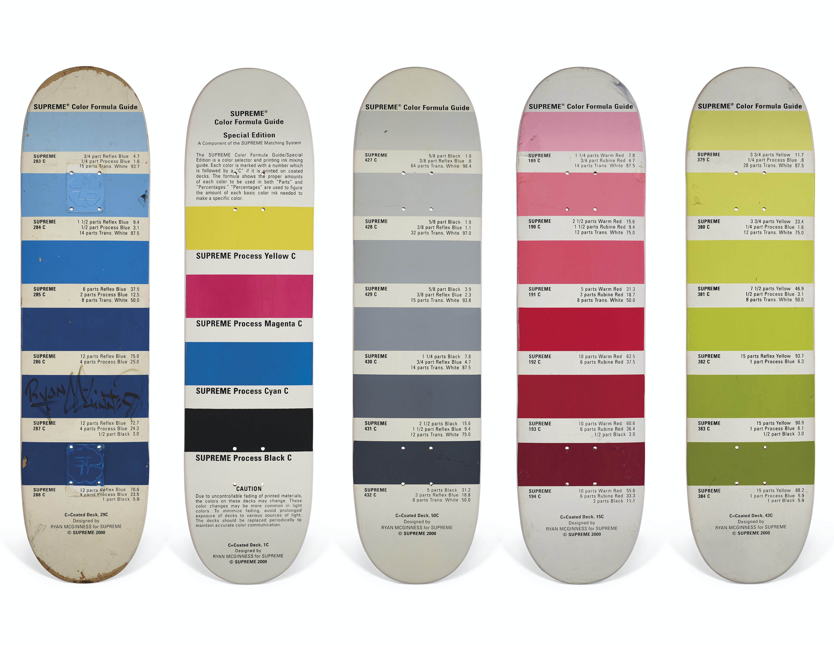A SET OF FIVE SIGNED RYAN MCGINNESS PANTONE SKATEBOARDS, SUPREME