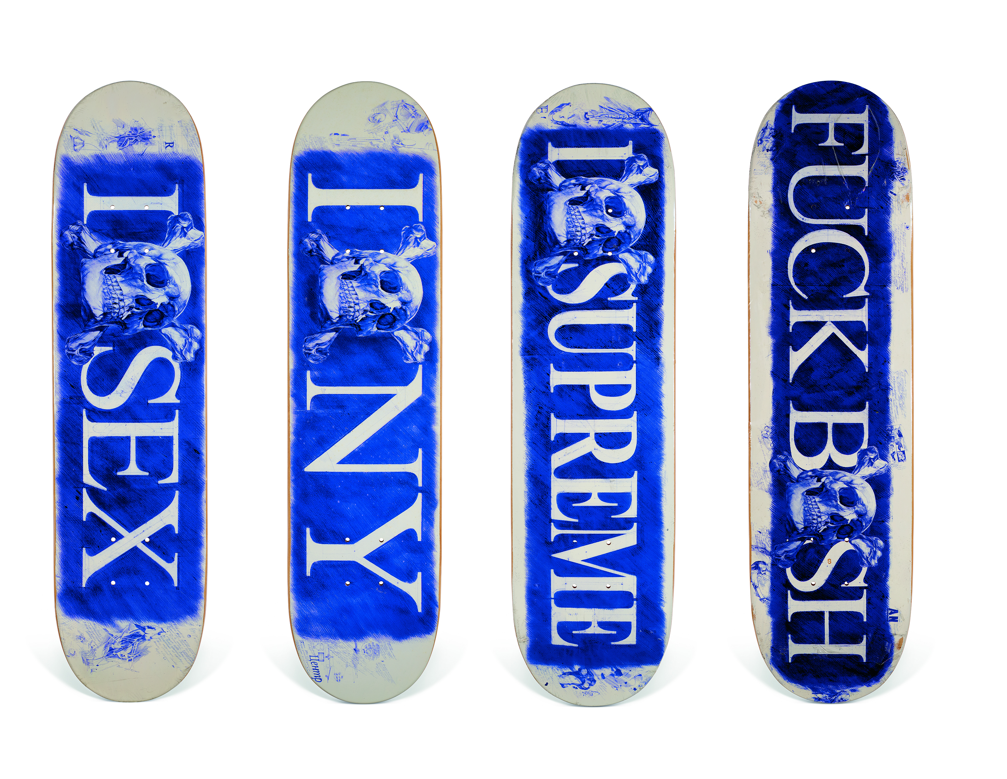 A SET OF FIVE SIGNED RYAN MCGINNESS PANTONE SKATEBOARDS, SUPREME