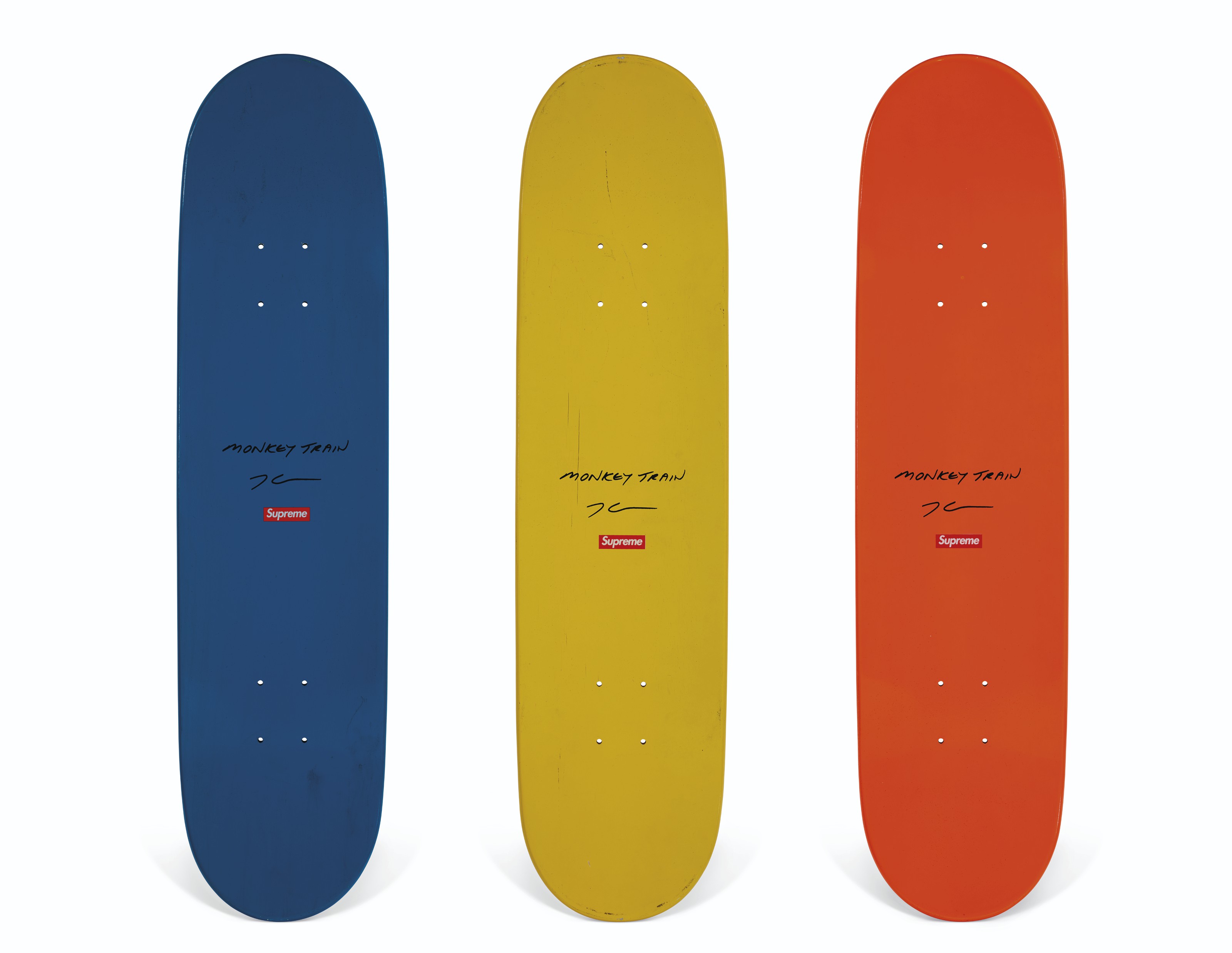 A SET OF THREE JEFF KOONS MONKEY TRAIN SKATEBOARDS, SUPREME, 2006