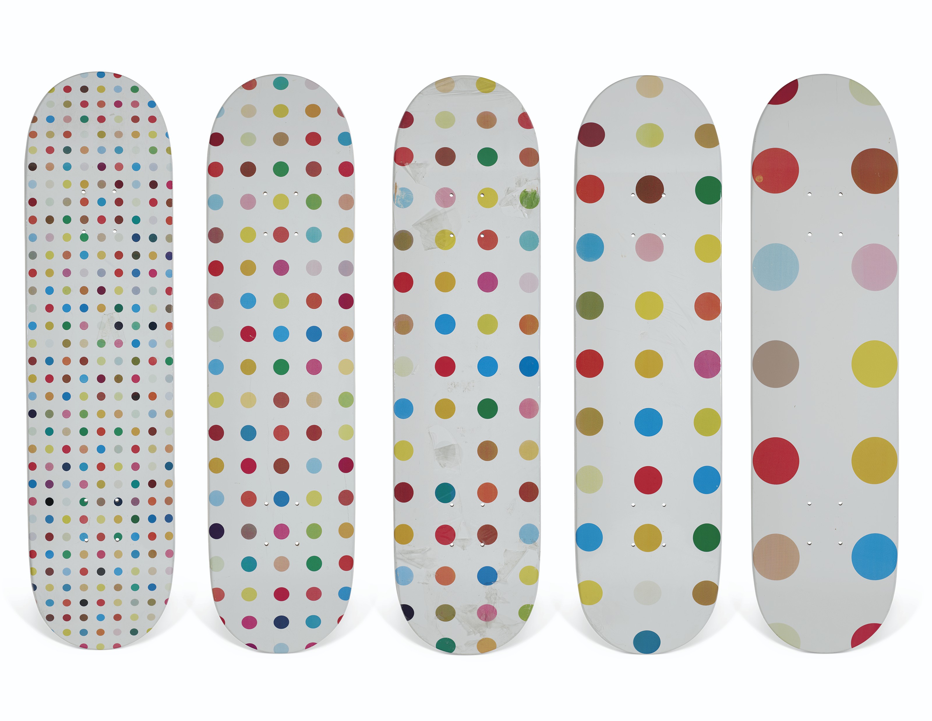 A SET OF FIVE DAMIEN HIRST DOTS SKATEBOARDS, SUPREME, 2009 