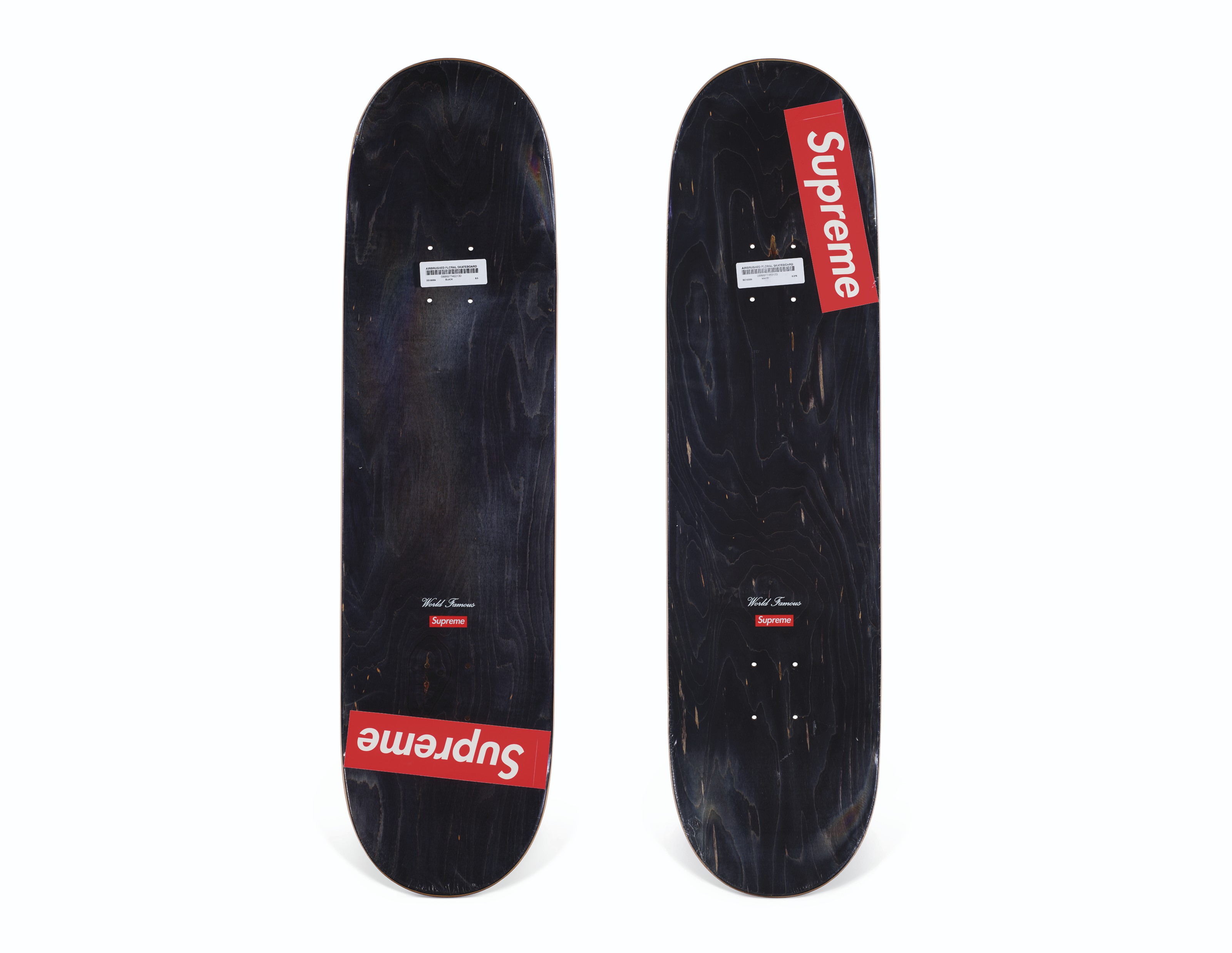 A SET OF TWO AIRBRUSHED FLOWERS SKATEBOARDS, SUPREME, 2019