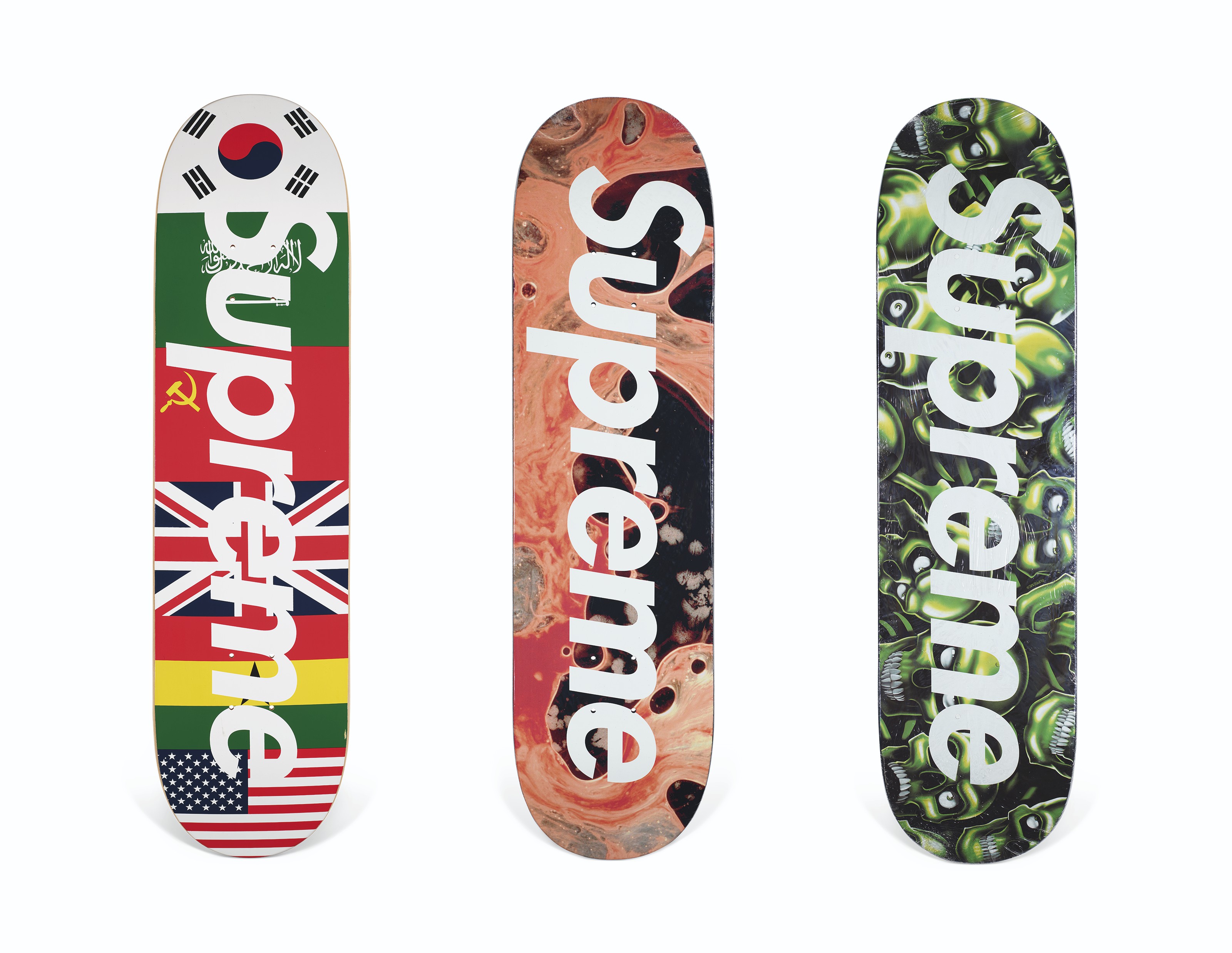 A GROUP OF THREE FLAGS BOX LOGO BLOOD SEMEN BOX LOGO SKULL