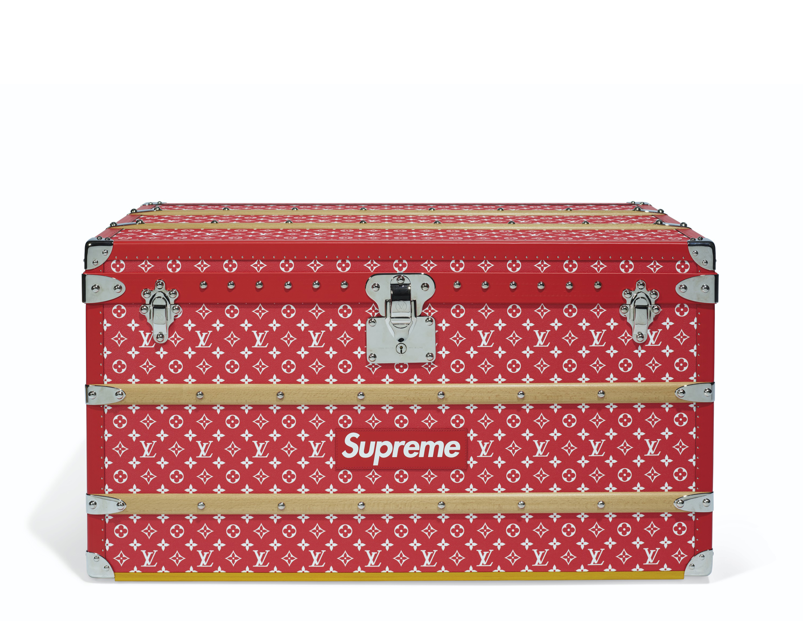 A LIMITED EDITION RED WHITE MONOGRAM MALLE COURRIER 90 TRUNK