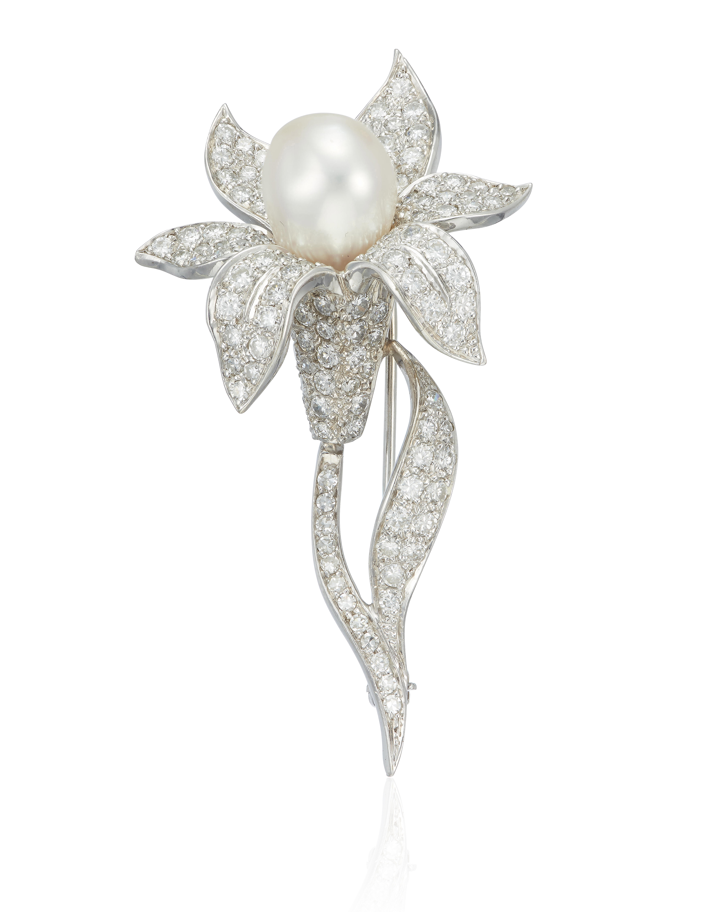 Catalog image of DIAMOND AND CULTURED PEARL BROOCH