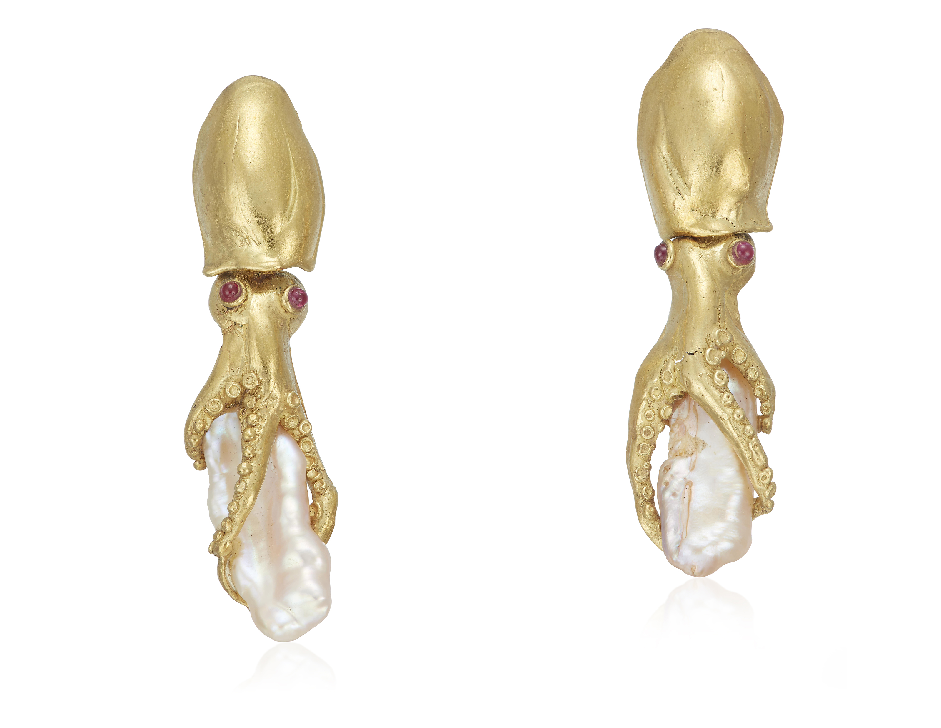 FRESHWATER CULTURED PEARL, GOLD AND RUBY OCTOPUS EARRINGS, Christie’s