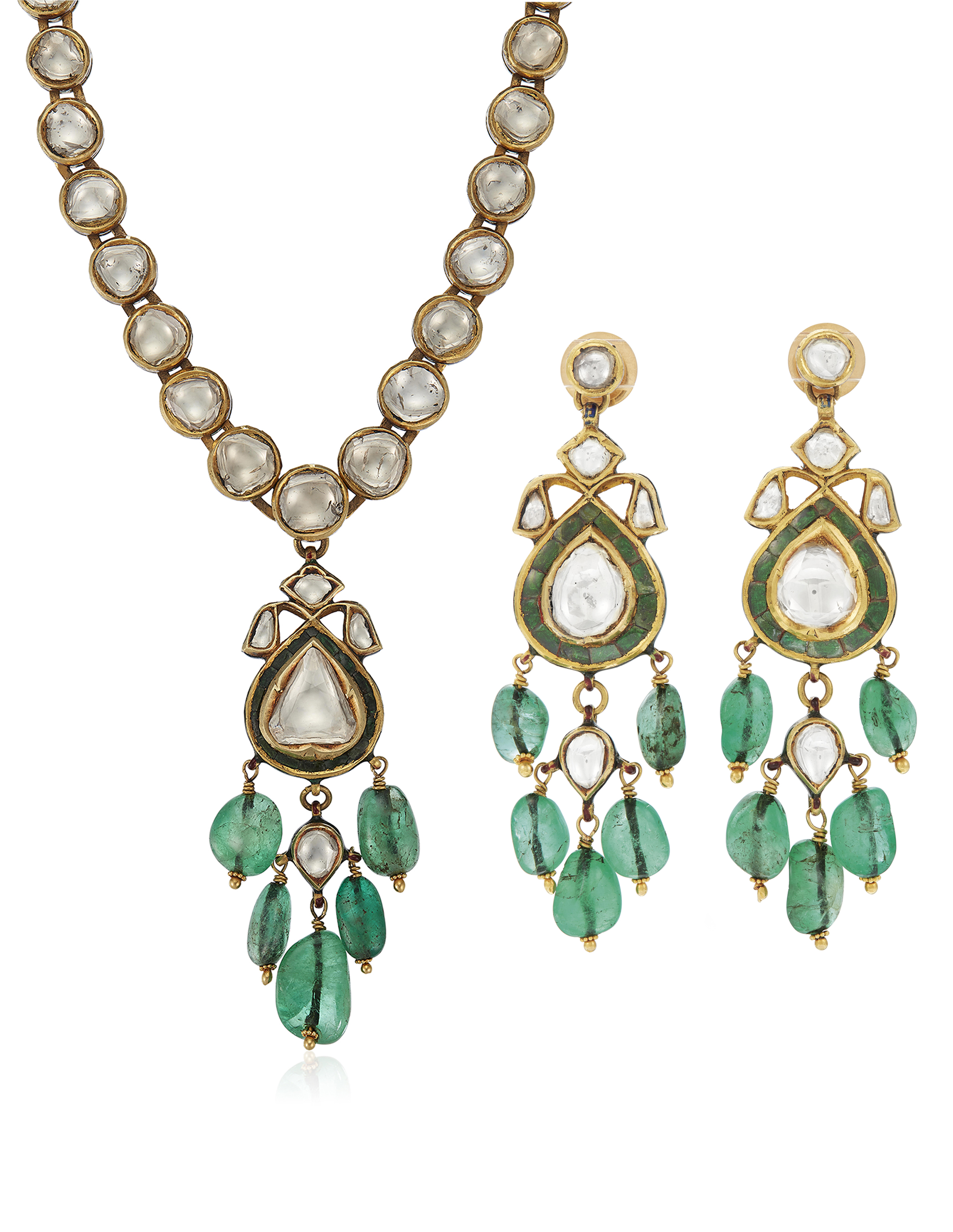 SET OF EMERALD DIAMOND GEM AND ENAMEL INDIAN JEWELRY Christie s