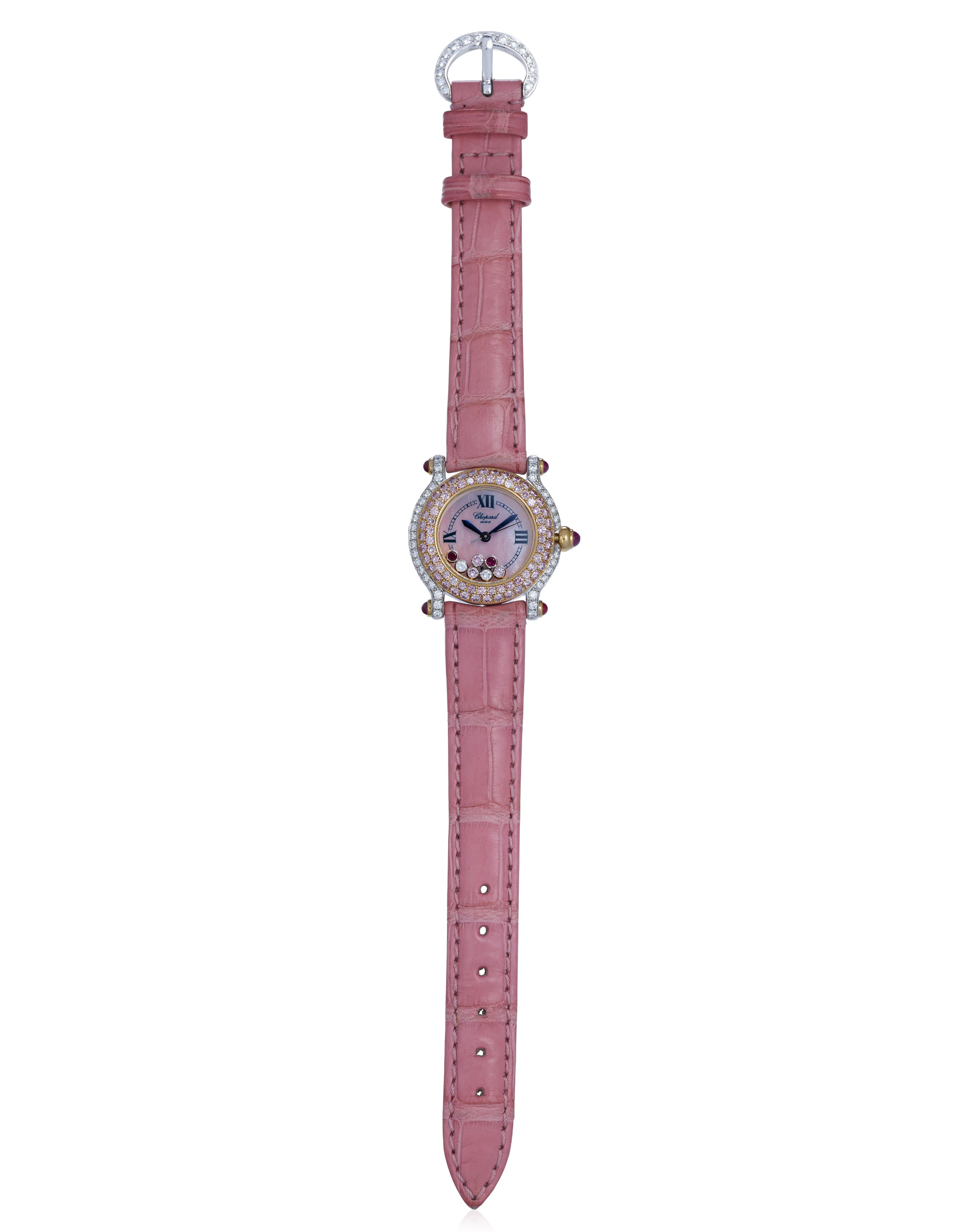 CHOPARD 'HAPPY SPORT' DIAMOND, COLORED DIAMOND AND RUBY WATCH