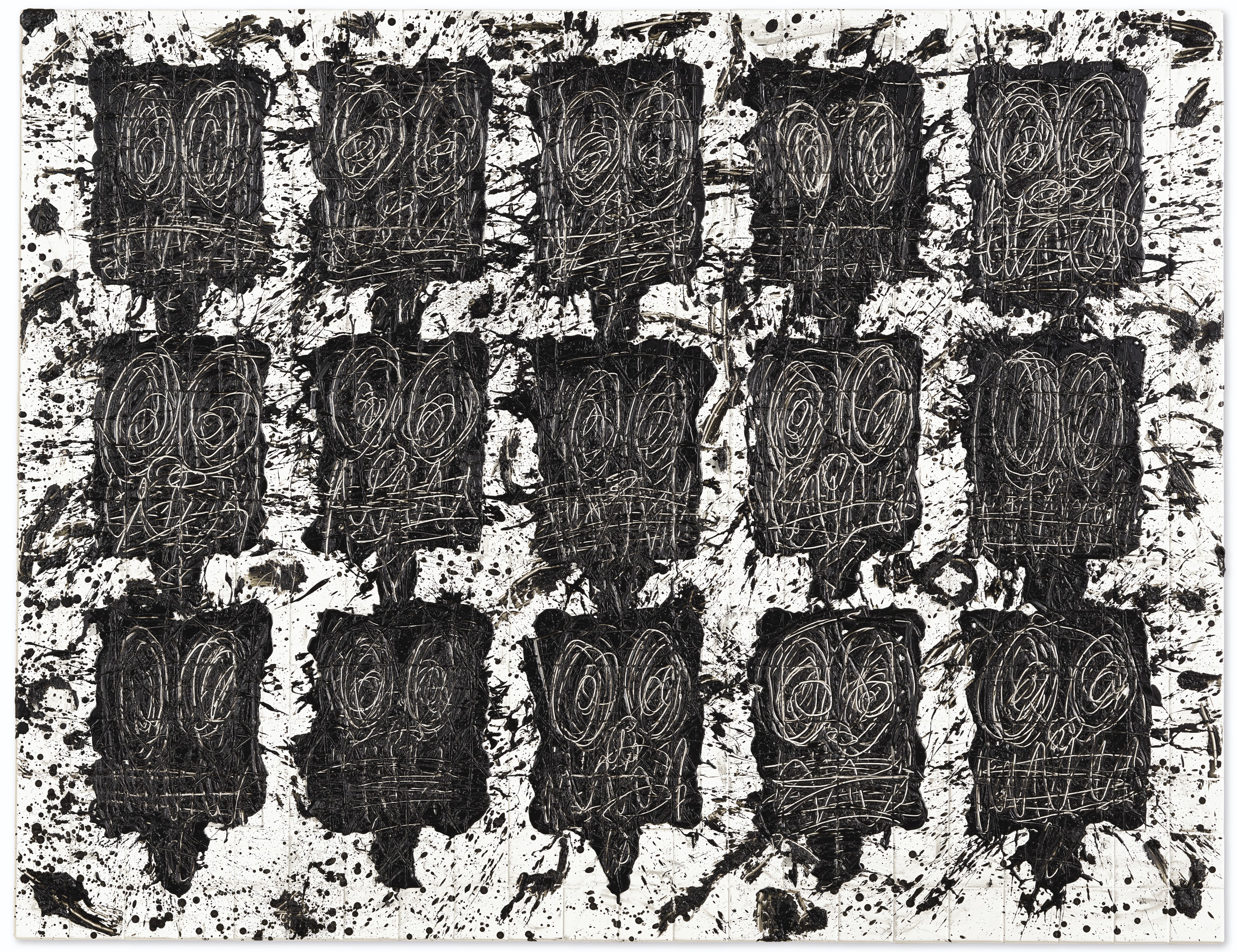 Rashid Johnson (b. 1977), Untitled Anxious Audience, executed in 2018. Black soap and wax on ceramic tiles. 73 x 94&frac14;  in (185.4 x 239.4  cm). Sold for $879,000&nbsp;on 13 November 2019 at Christie&rsquo;s in New York