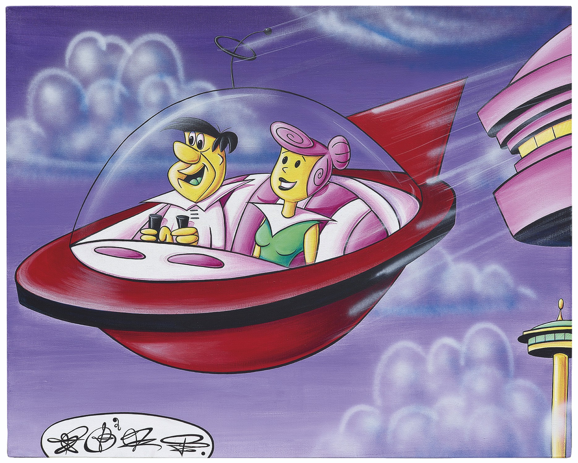 Kenny Scharf (b. 1958), Zoom, painted in 2009. Acrylic on linen 48 x 60 inches (121.9 x 152.4 cm). 48 x 60  in (121.9 x 152.4  cm). Sold for $200,000 on 14 November 2019 at Christie&rsquo;s in New York