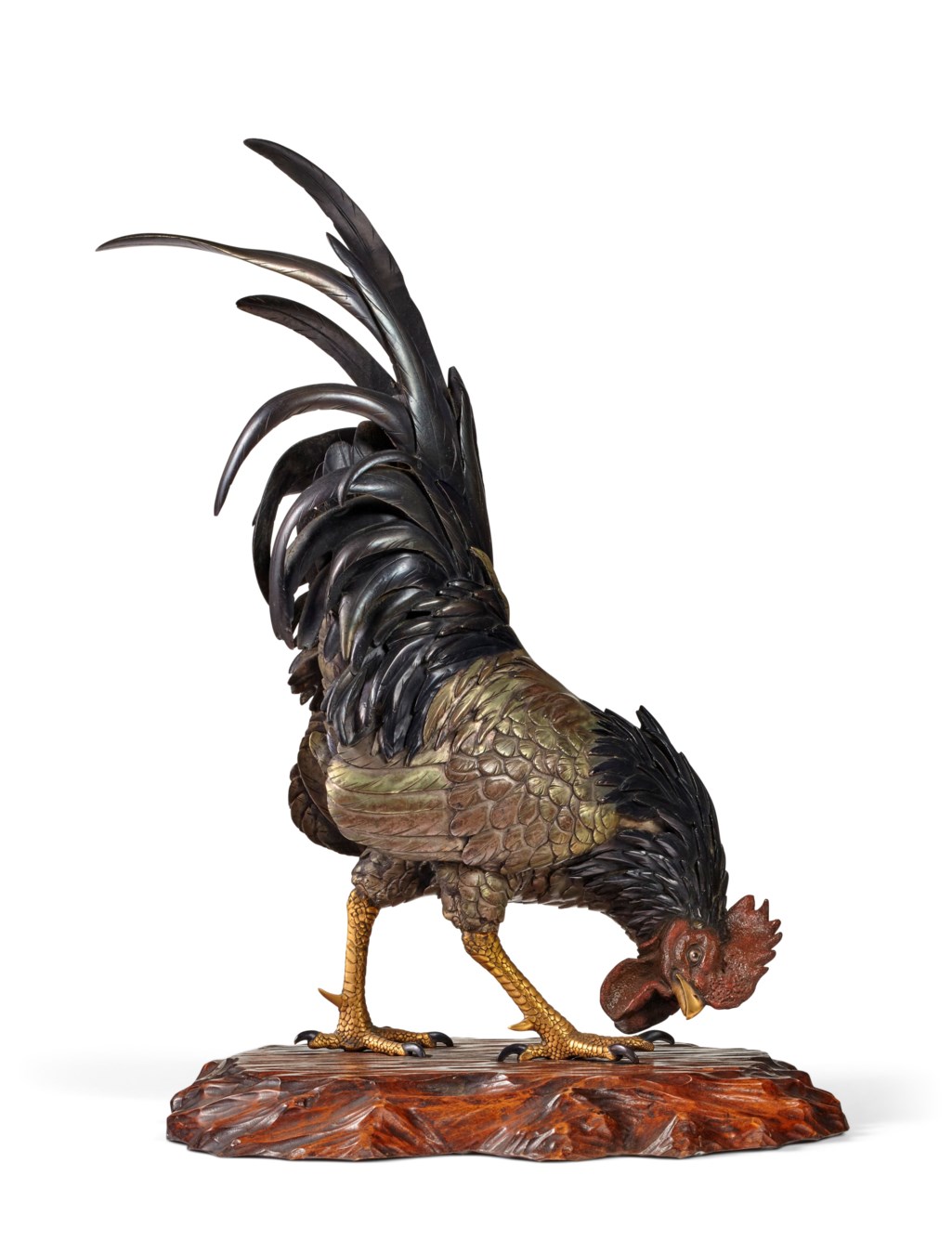 A PATINATED BRONZE SCULPTURE OF A ROOSTER, MEIJI PERIOD (LATE 19TH