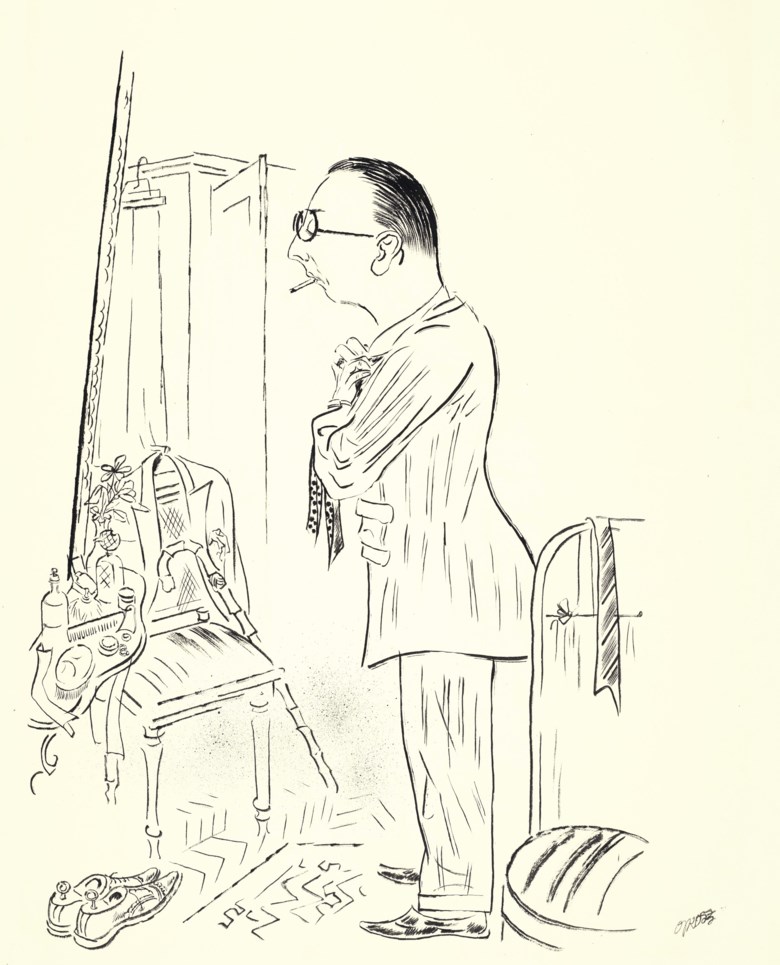 George Grosz (1893-1959), Sich pflegen, bringt Segen! (F. Sch. Gewidmet), painted circa 1926. 25½ x 19½  in (64.8 x 49.4 cm). Sold for $32,500 on 12 November 2019 at Christie’s in New York