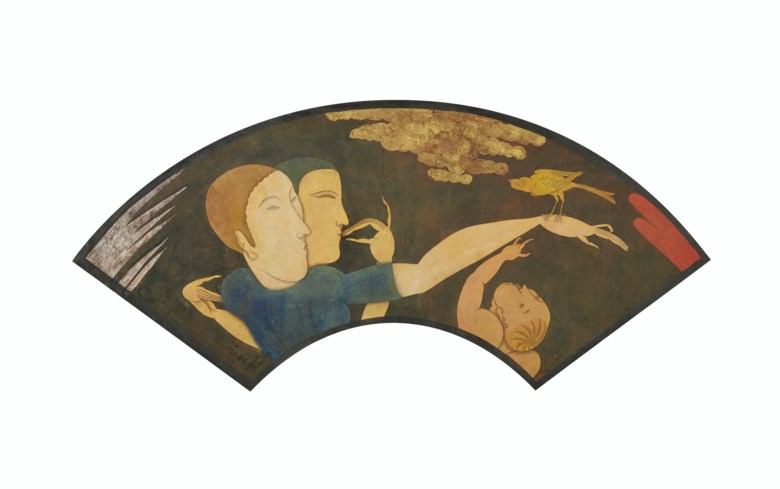 藤田嗣治（1886-1968），《父母、幼童与鸟儿》。水粉 水彩 笔刷 印度墨 金箔 银箔 纸本，1917年作。23 x 54.6公分（9 x 21 ½寸）。估价：50,000-70,000美元。此拍品将于2019年11月12日佳士得纽约印象派及现代艺术纸上作品拍卖呈献