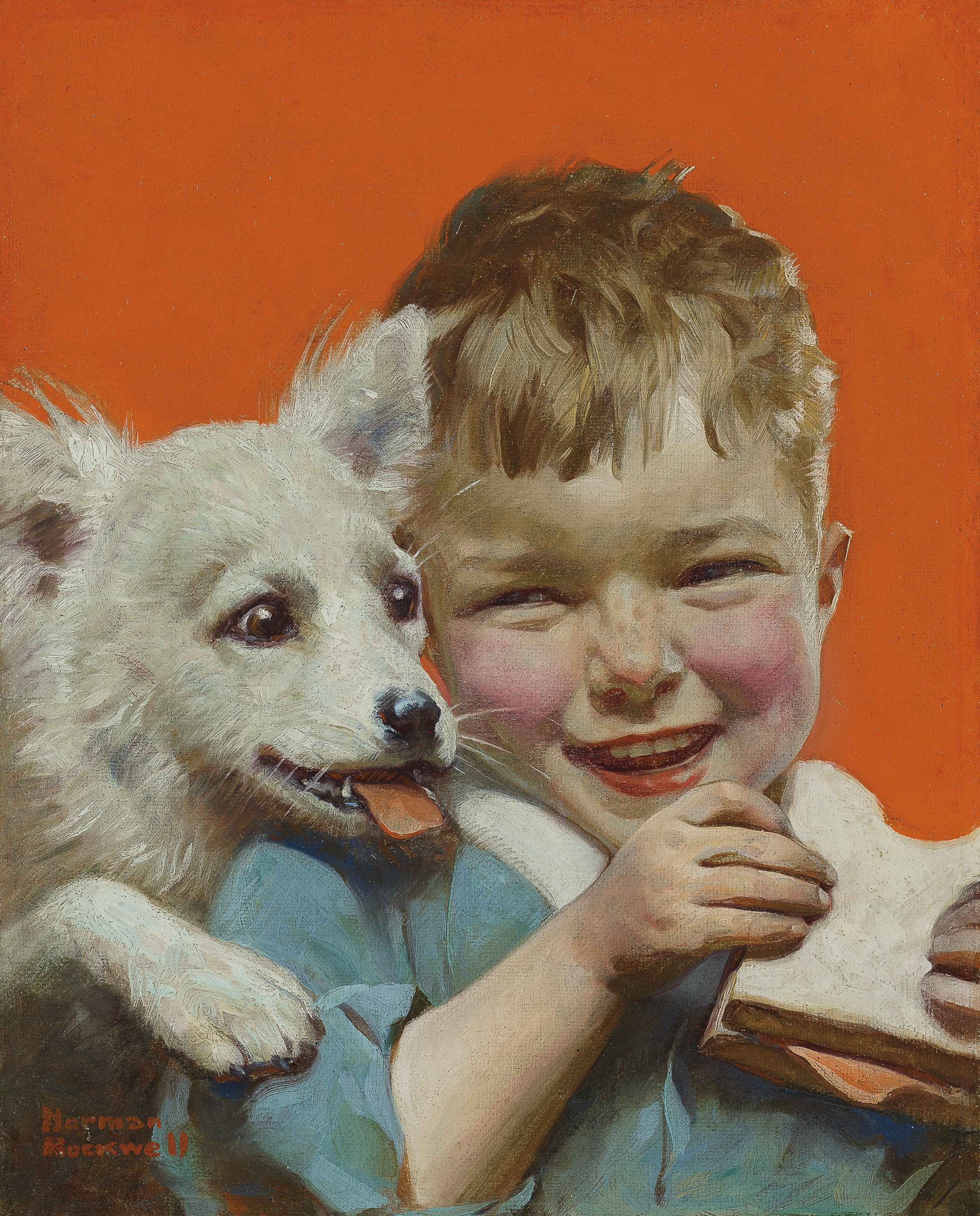 Norman Rockwell 1894 1978 Laughing Boy With Sandwich And Puppy