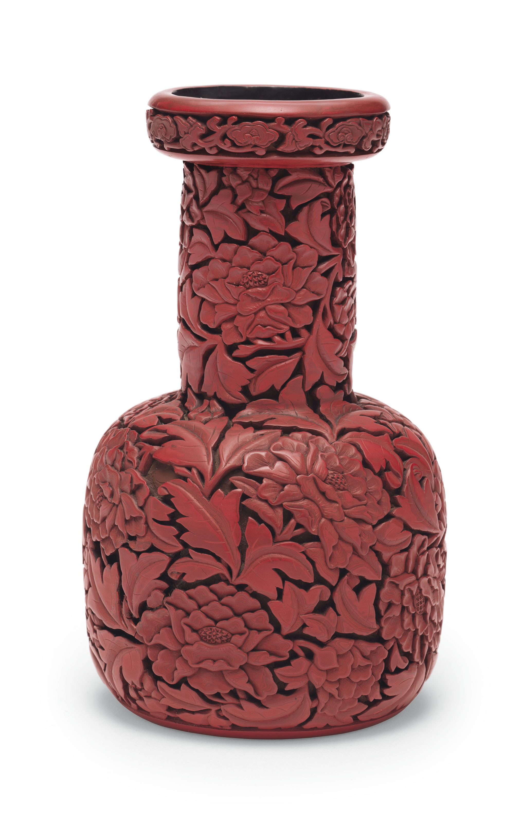 A rare and finely carved red lacquer mallet-form vase, China, Ming dynasty, 15th-16th century. 6&frac14;  in (15.9  cm) high. Sold for $951,000&nbsp;on 20 March 2019 at Christie&rsquo;s in New York