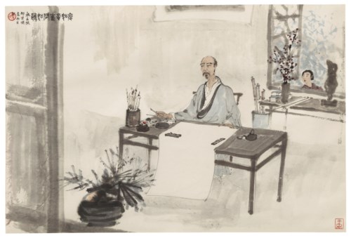 傅抱石　瘦如黃雀閒如鷗　設色紙本　鏡框 一九六二年作，17¾ x 26⅝吋（45.2 x 67.8公分）。此拍品於2019年3月20日在佳士得紐約以1,815,000美元成交。