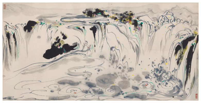 Wu Guanzhong (China, 1919-2010), Waterfall. Scroll, mounted and framed, ink and colour on paper. 27 x 53⅜  in (68.5 x 135.5  cm). Sold for $975,000 on 20 March 2019 at Christie’s in New York