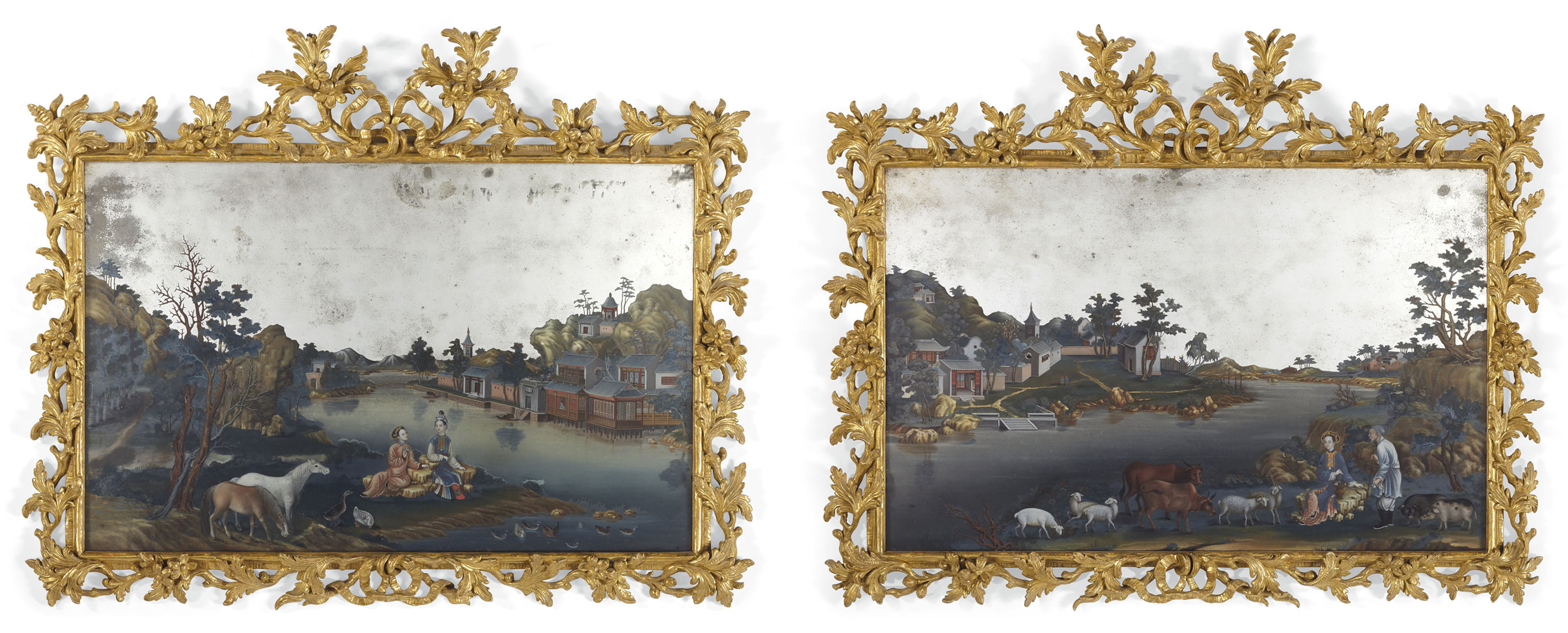A pair of Chinese export reverse mirror paintings, Qing dynasty, third quarter 18th century. 27 in (68.5 cm) high, 33 in (84 cm) wide, each. Sold for $250,000 on 20 March 2019 at Christie’s in New York