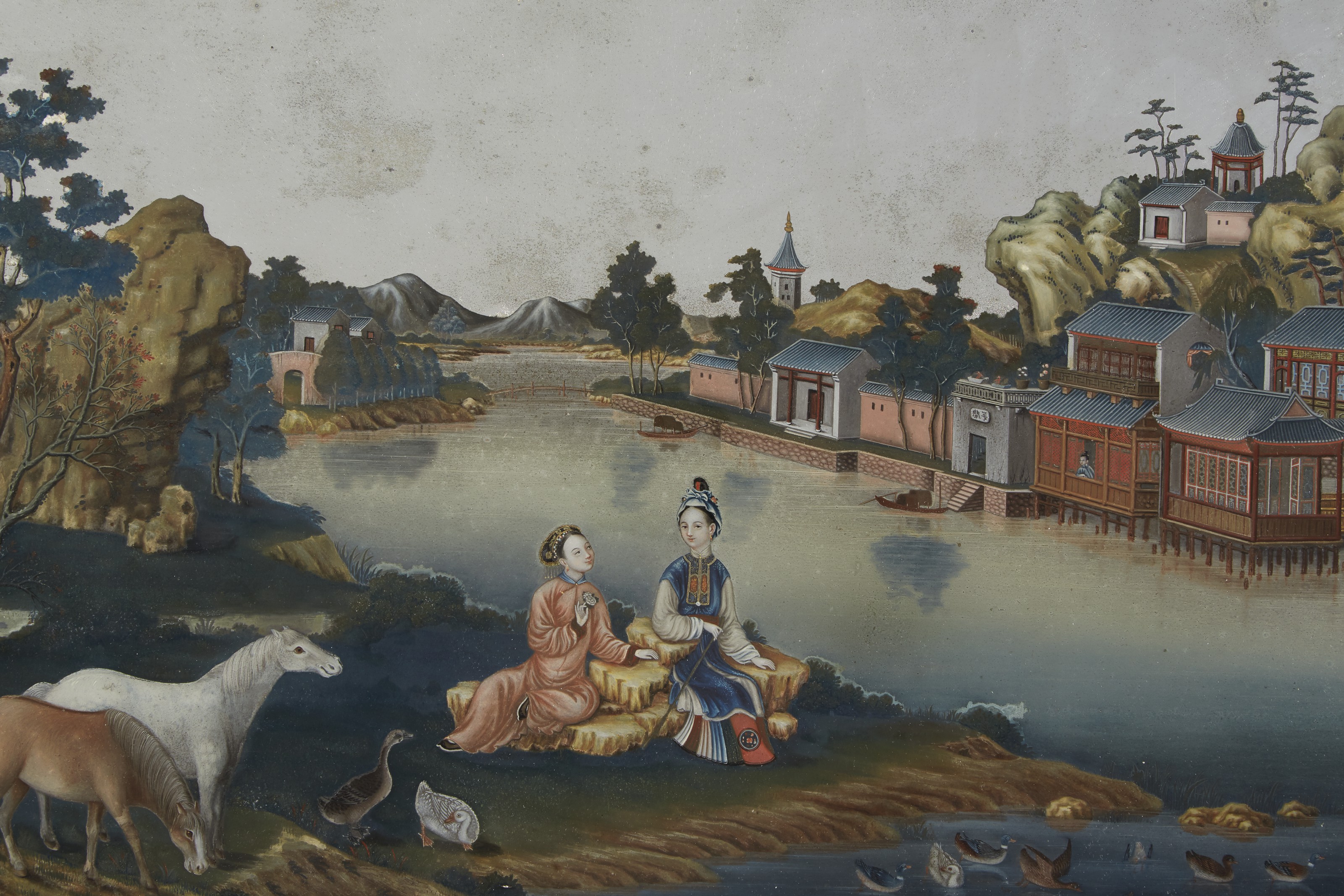 A Pair Of Chinese Export Reverse Mirror Paintings Qing Dynasty