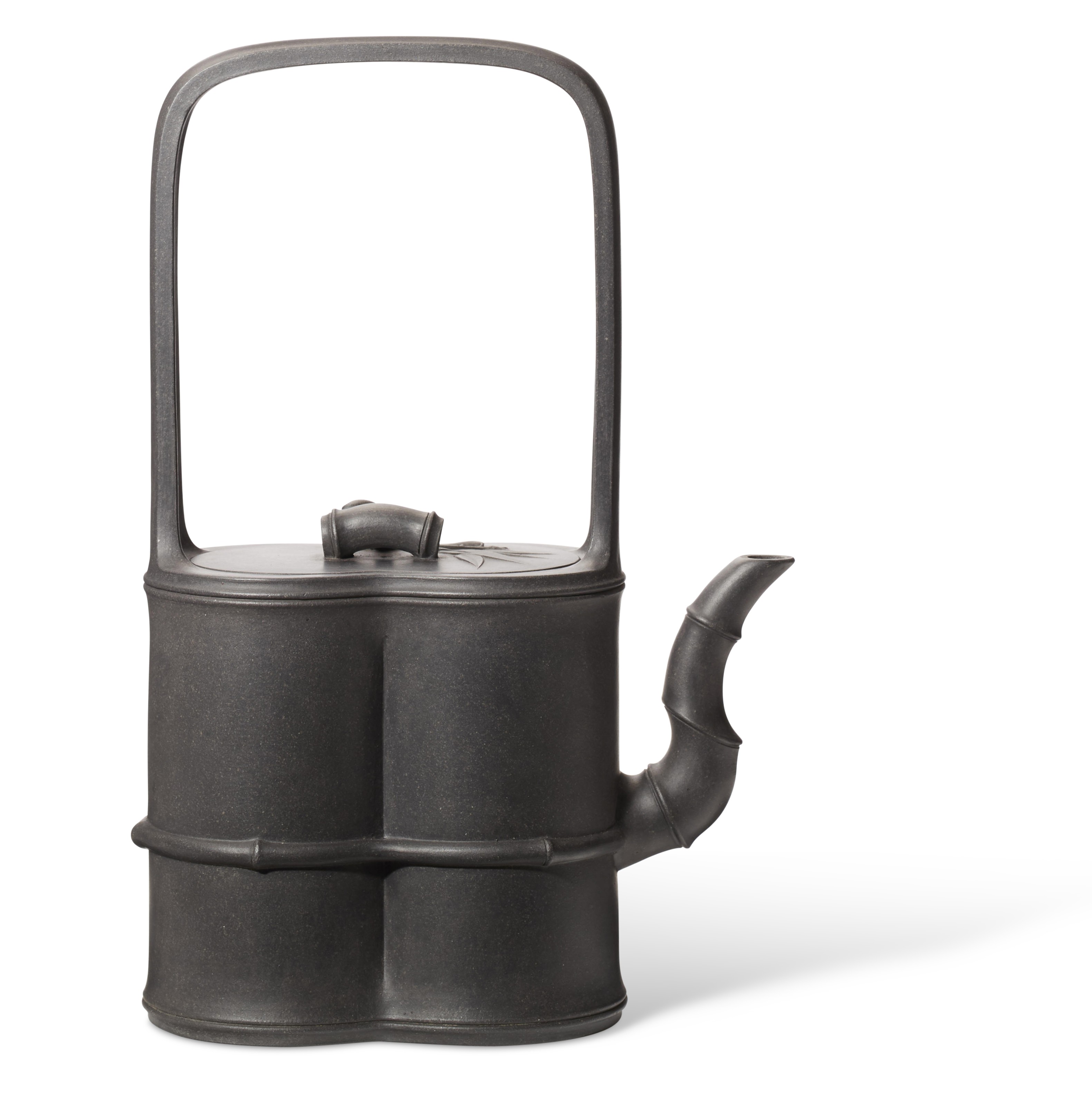 A YIXING BAMBOO-FORM TEAPOT AND COVER, 'DOUBLE BAMBOO OVERHANDLE