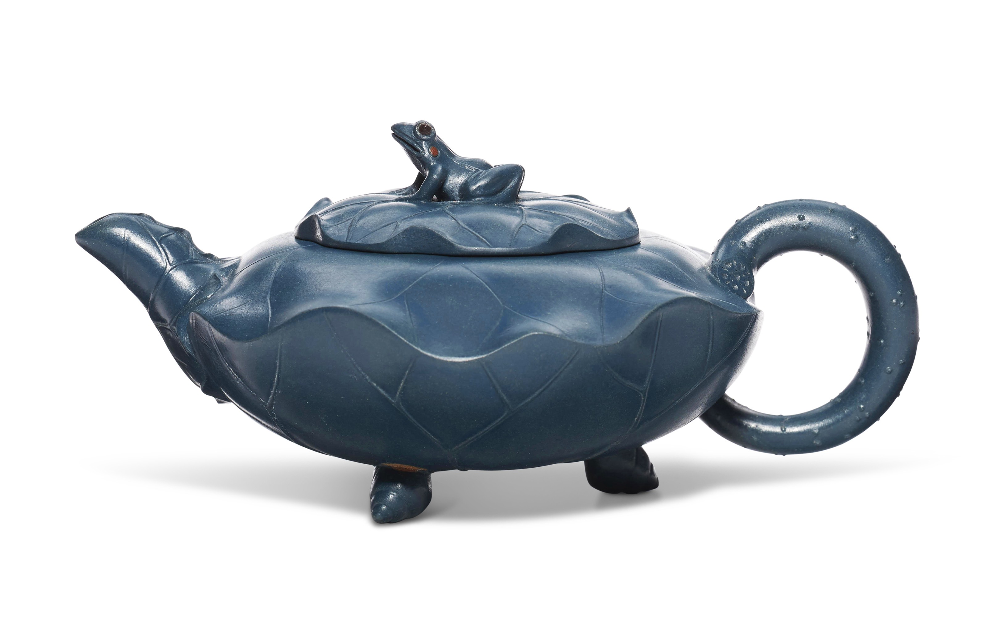 A BLUE LOTUS LEAFFORM YIXING TEAPOT AND COVER, 'GREEN LOTUS FROG